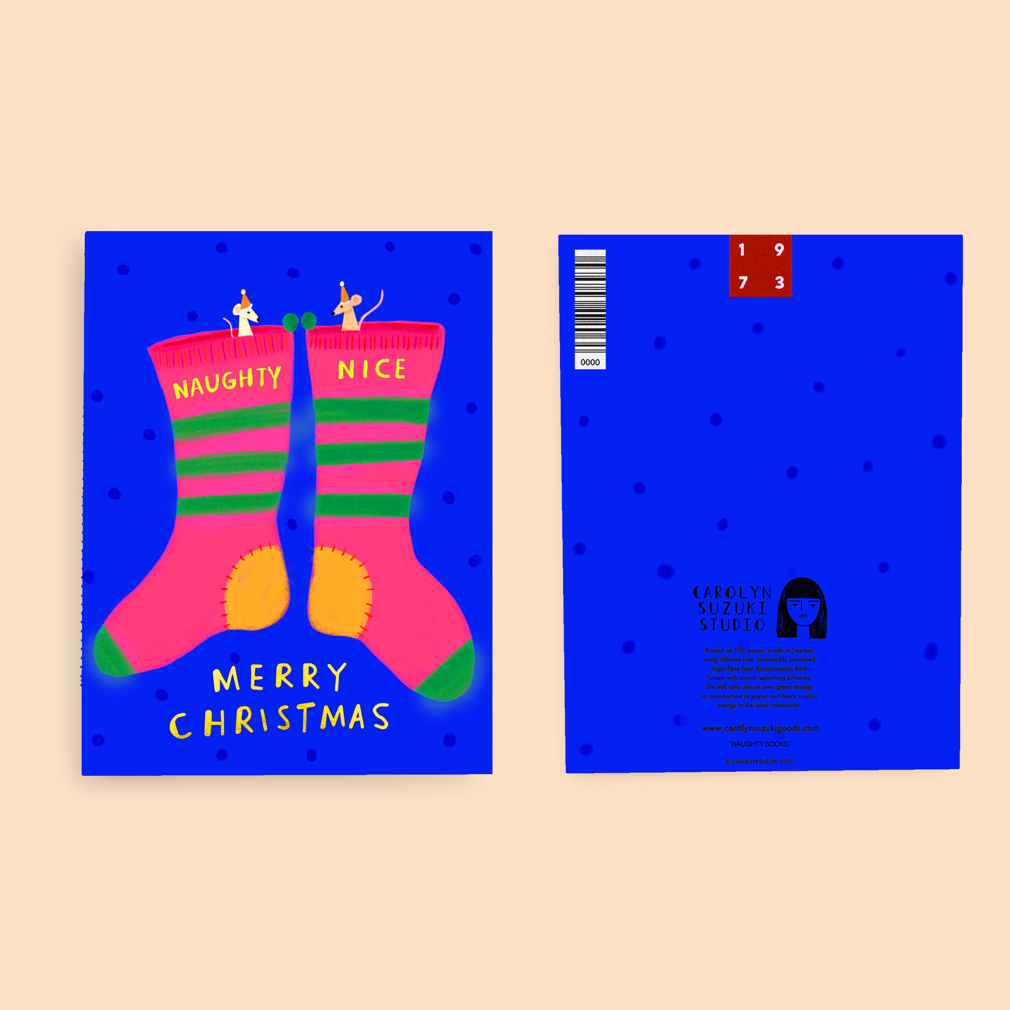 Card with pink socks labeled 'Naughty' and 'Nice' on a blue background