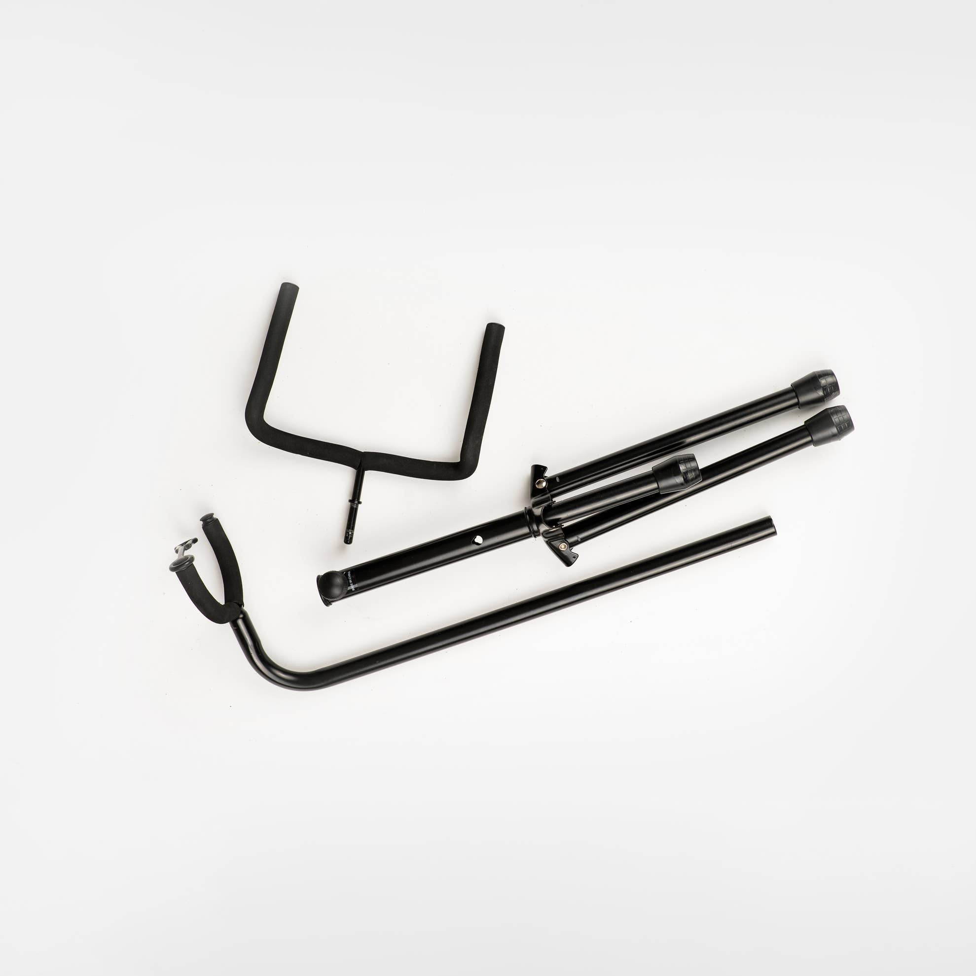 Black metal frame components on a white background