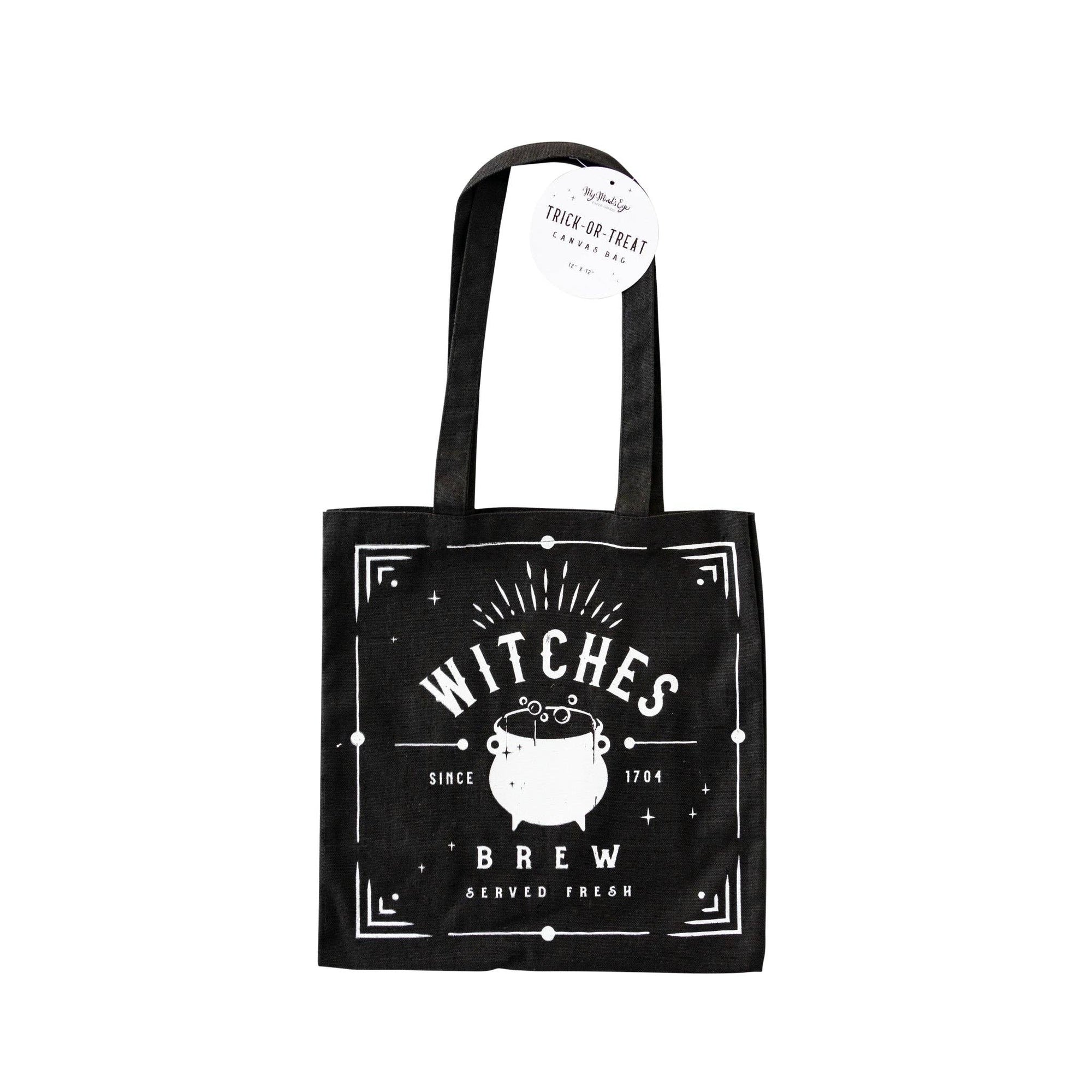 Black tote bag with 'Witches Brew' design on a white background
