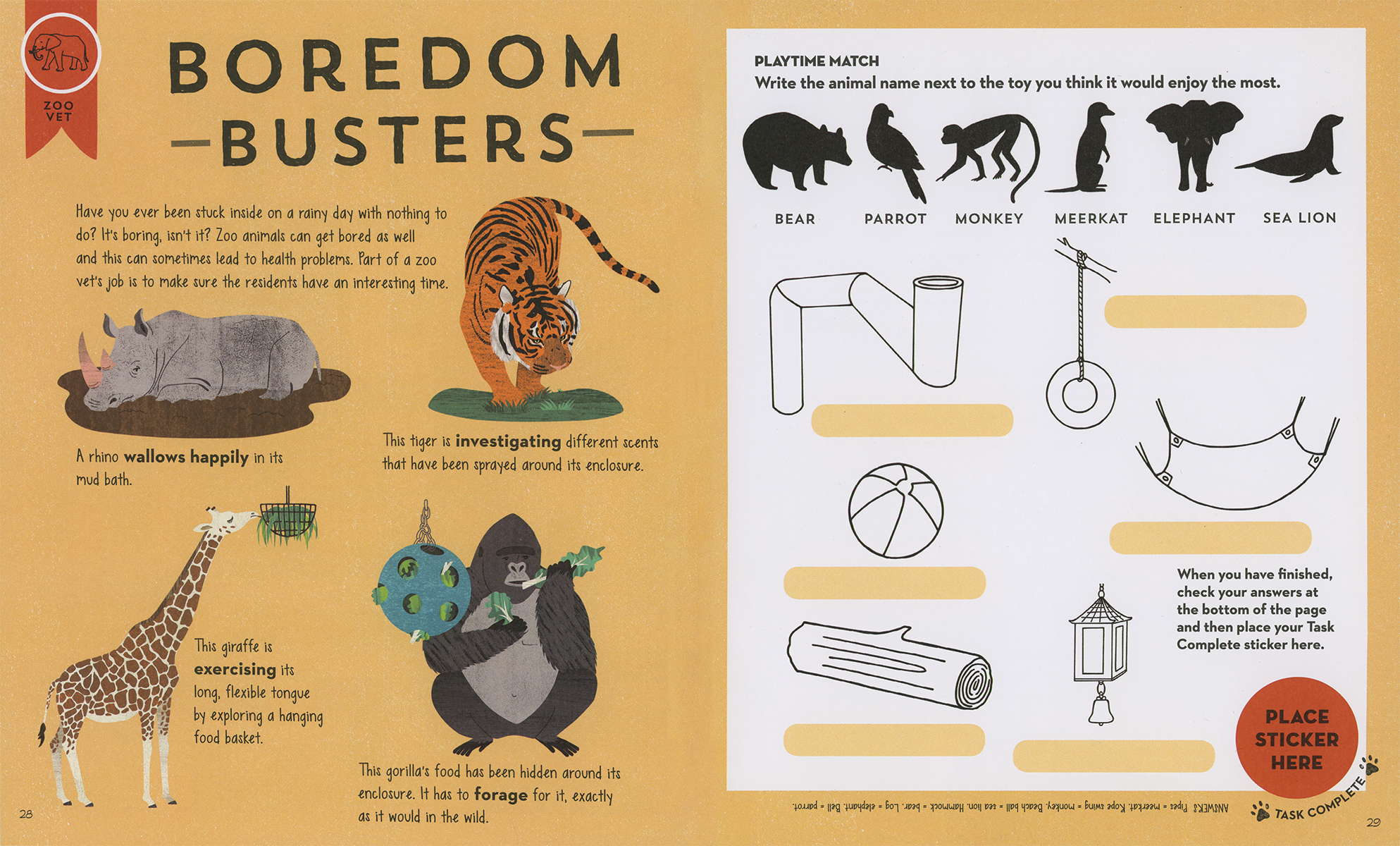 Children's activity sheet titled 'Boredom Busters' with illustrations and text on a yellow background.