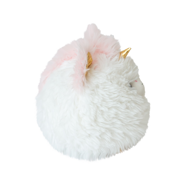 Fluffy white and pink plush toy with gold accents on a white background