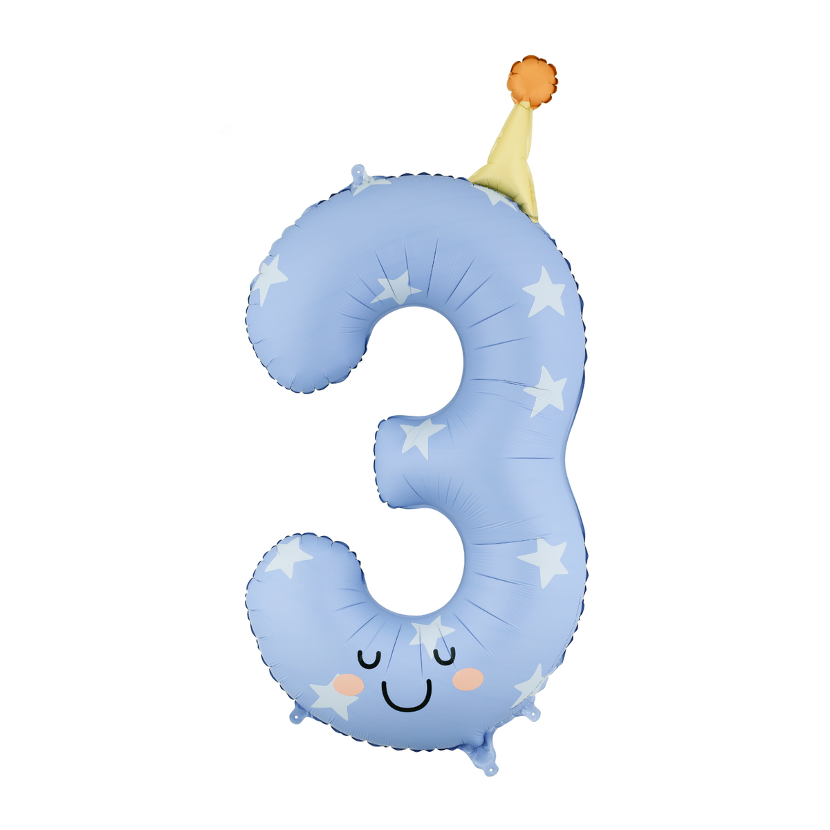 Blue inflatable number '3' with a smiley face and party hat on a white background