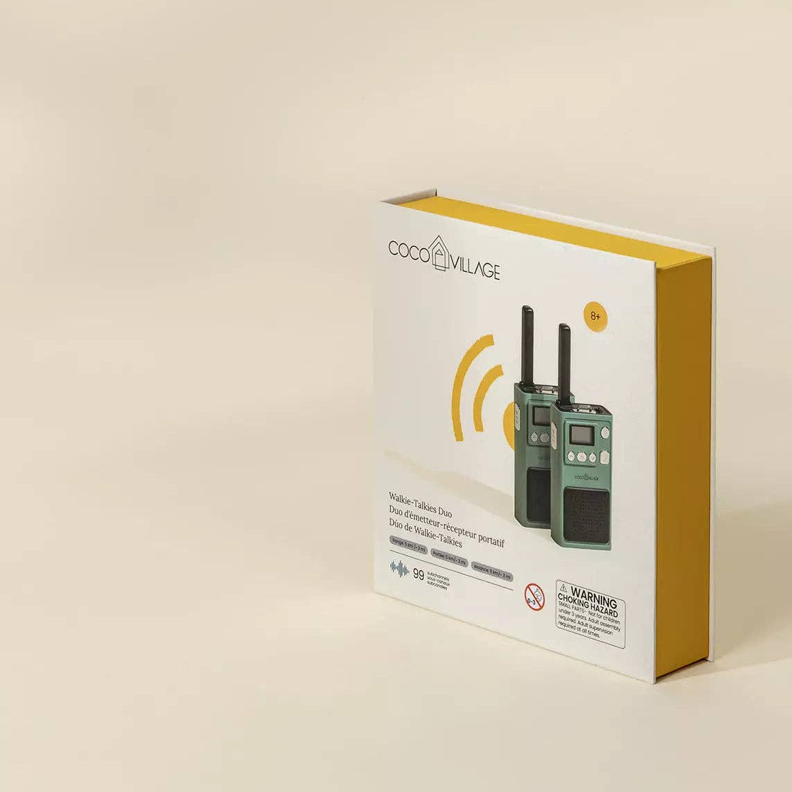 Packaging of a walkie-talkie set on a beige background
