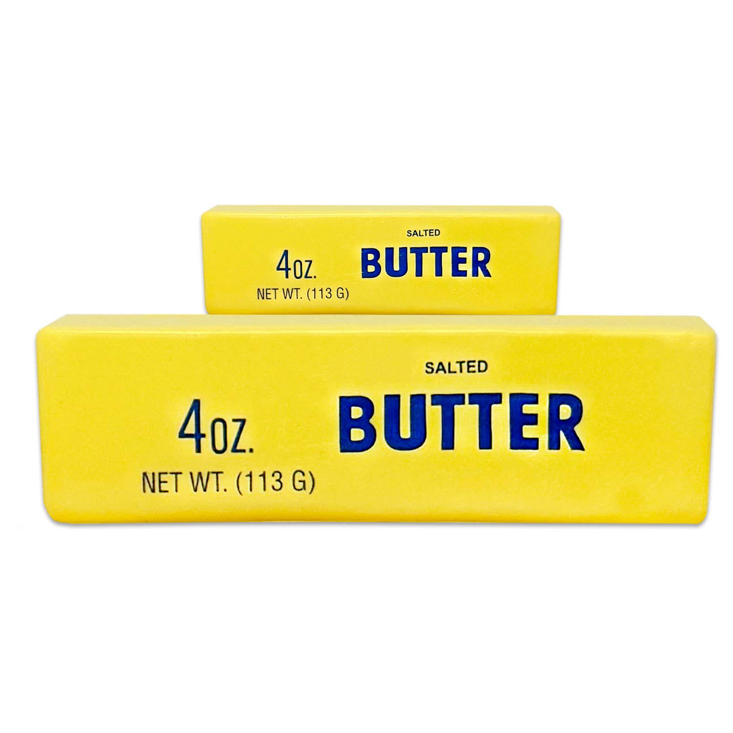 Two yellow butter containers with blue text on a white background