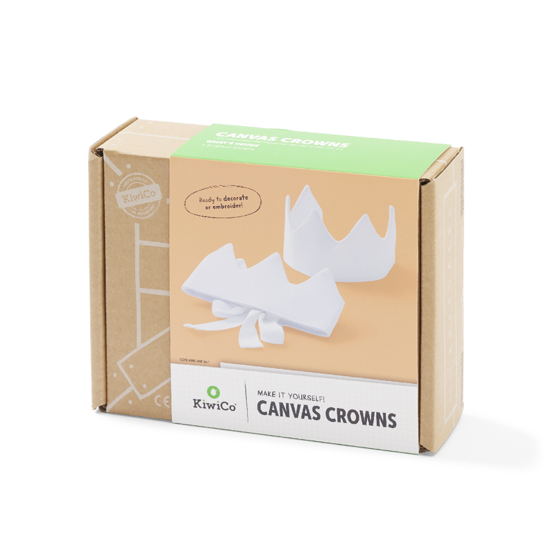 A brown cardboard product box for KiwiCo Canvas Crowns, featuring a light green top band and a white lower label with the brand name and product title.