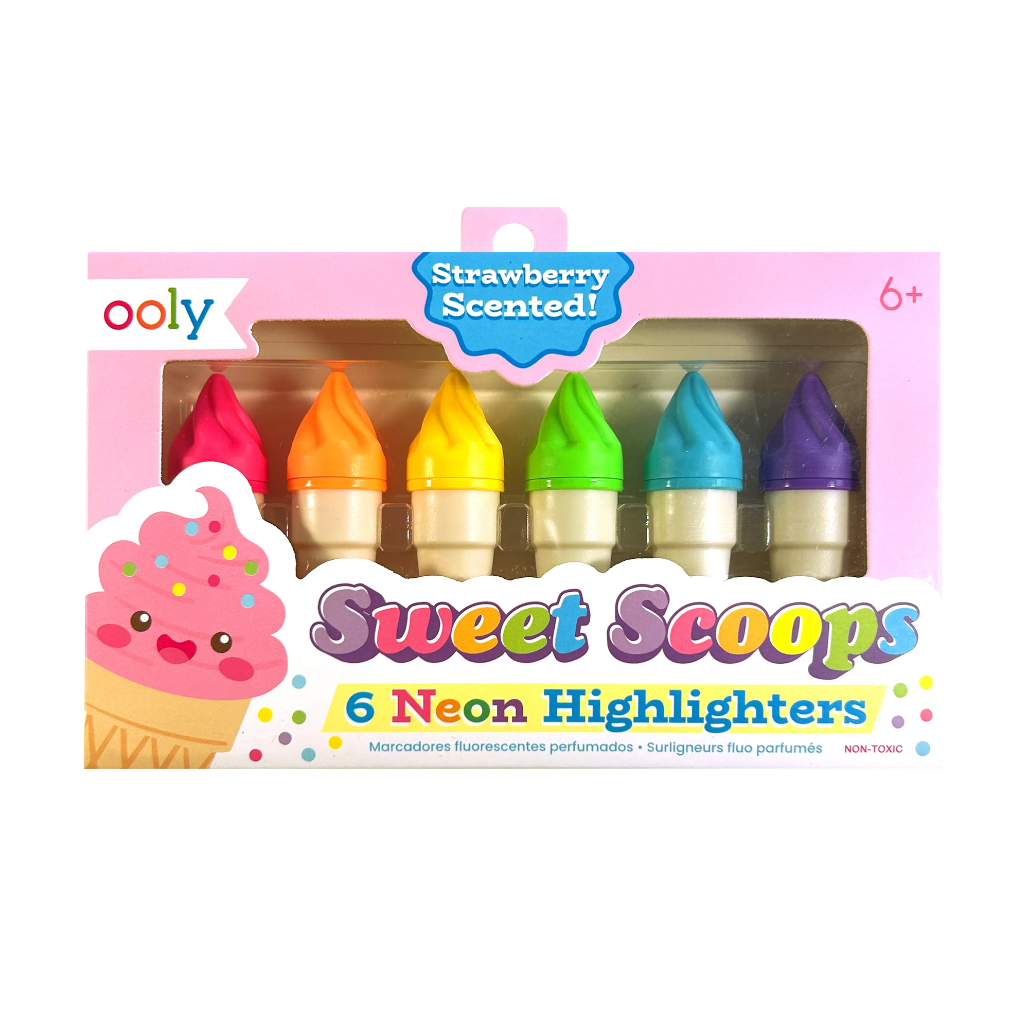 Packaging of ooly Sweet Scoops neon highlighters with colorful ice cream cone illustration.