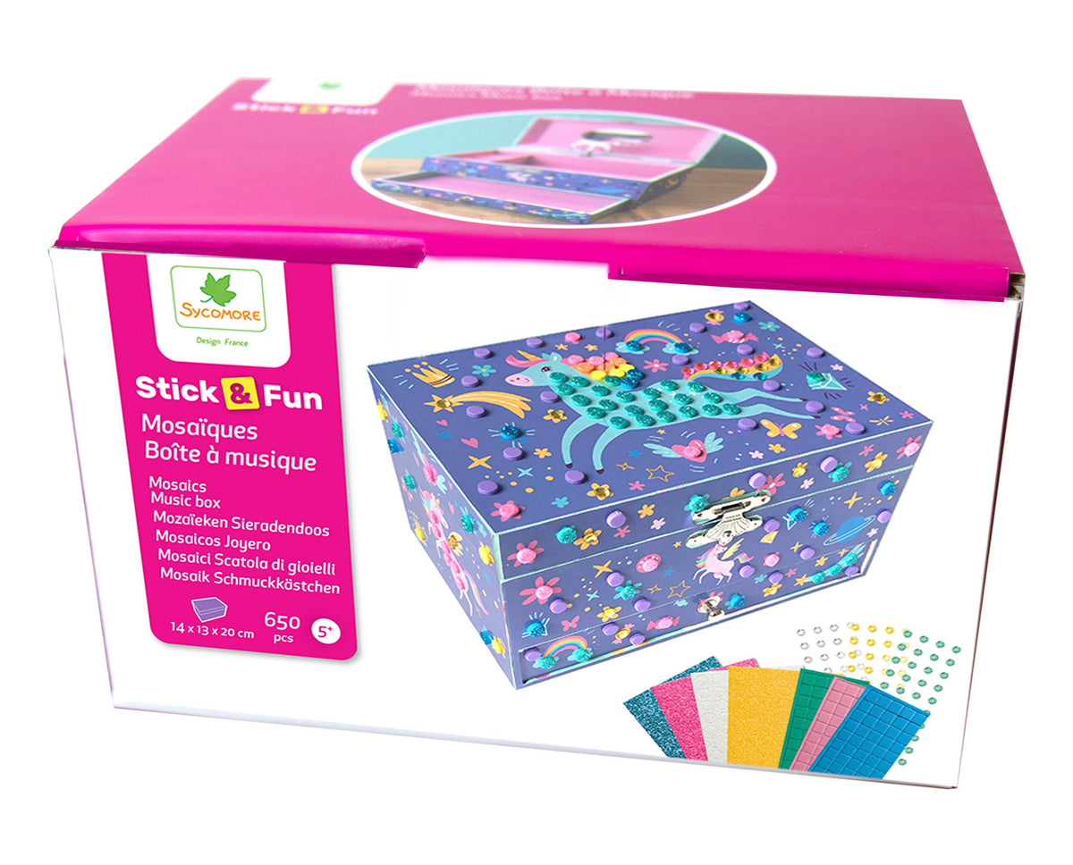 Children's mosaic art kit with a pink box and colorful mosaic pieces on a white background