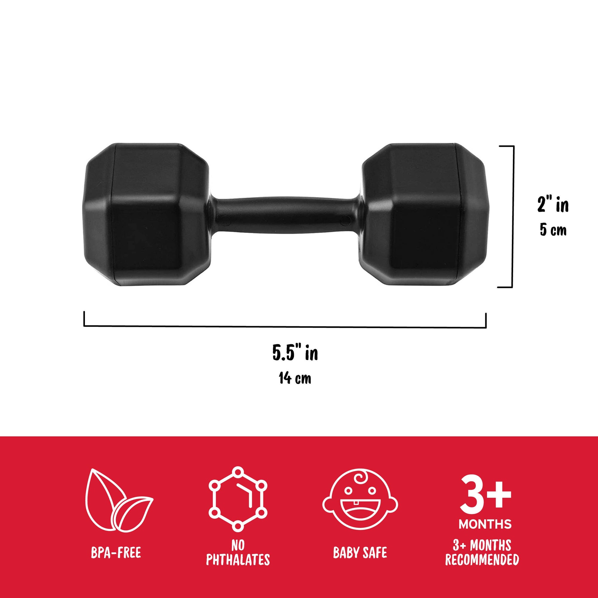 Black dumbbell with measurements and safety features on a white background