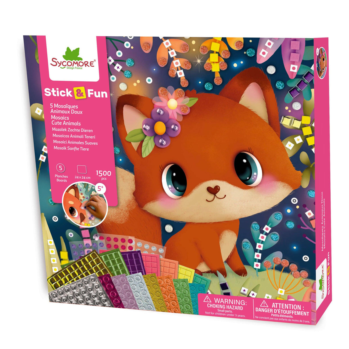 Sycamore Stick Fun mouse craft kit box featuring a cute cartoon fox with large blue eyes and a flower on its head, surrounded by colorful musical notes, blocks, and decorative elements on a dark blue background.