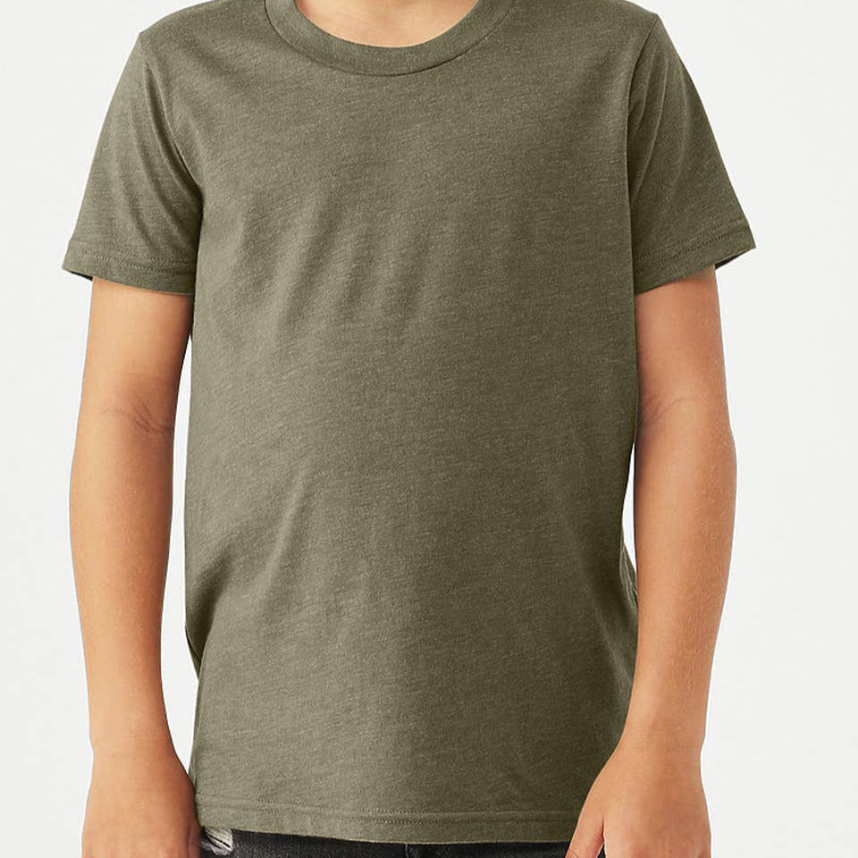 Person wearing a plain green t-shirt on a white background