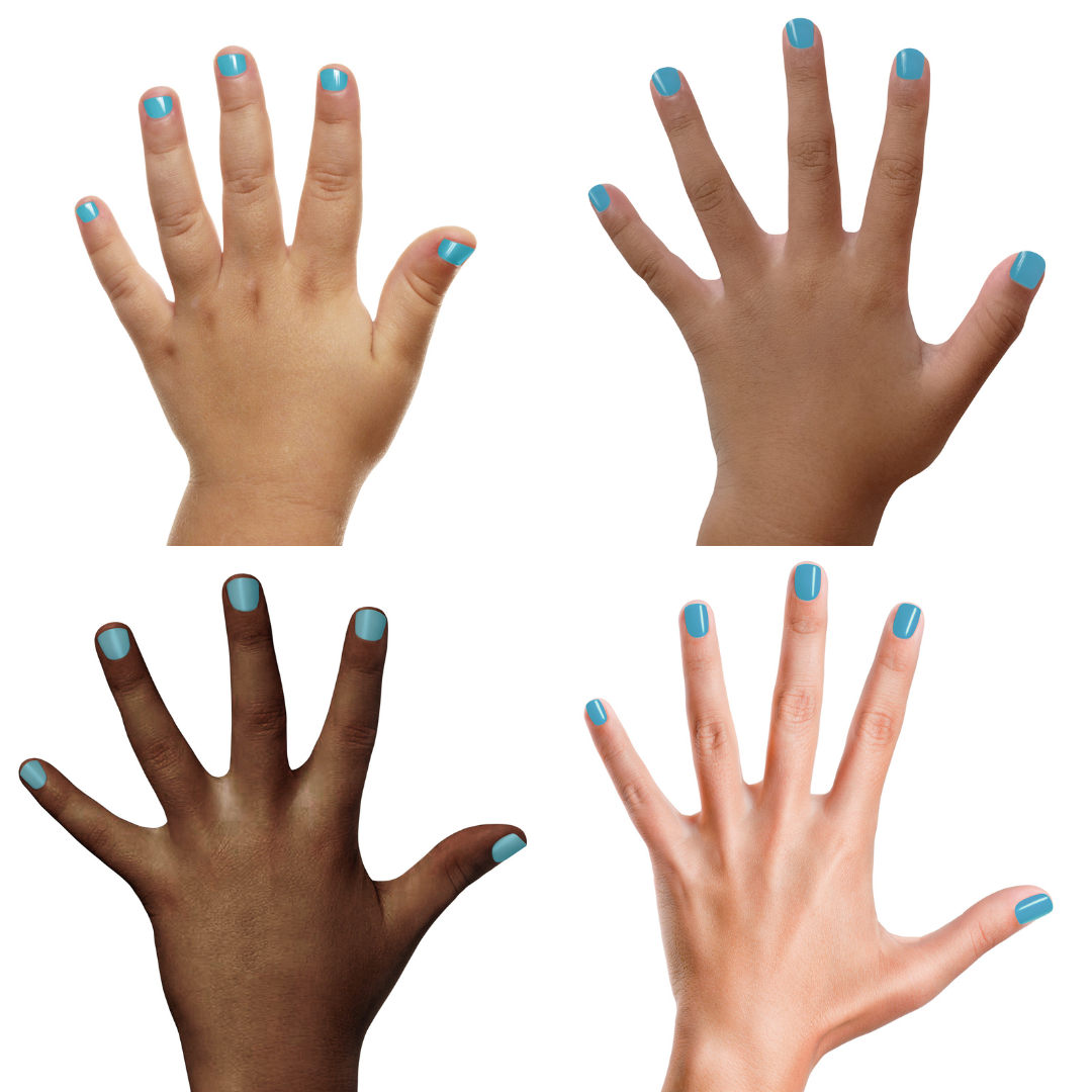 Four hands with blue nail polish on a white background