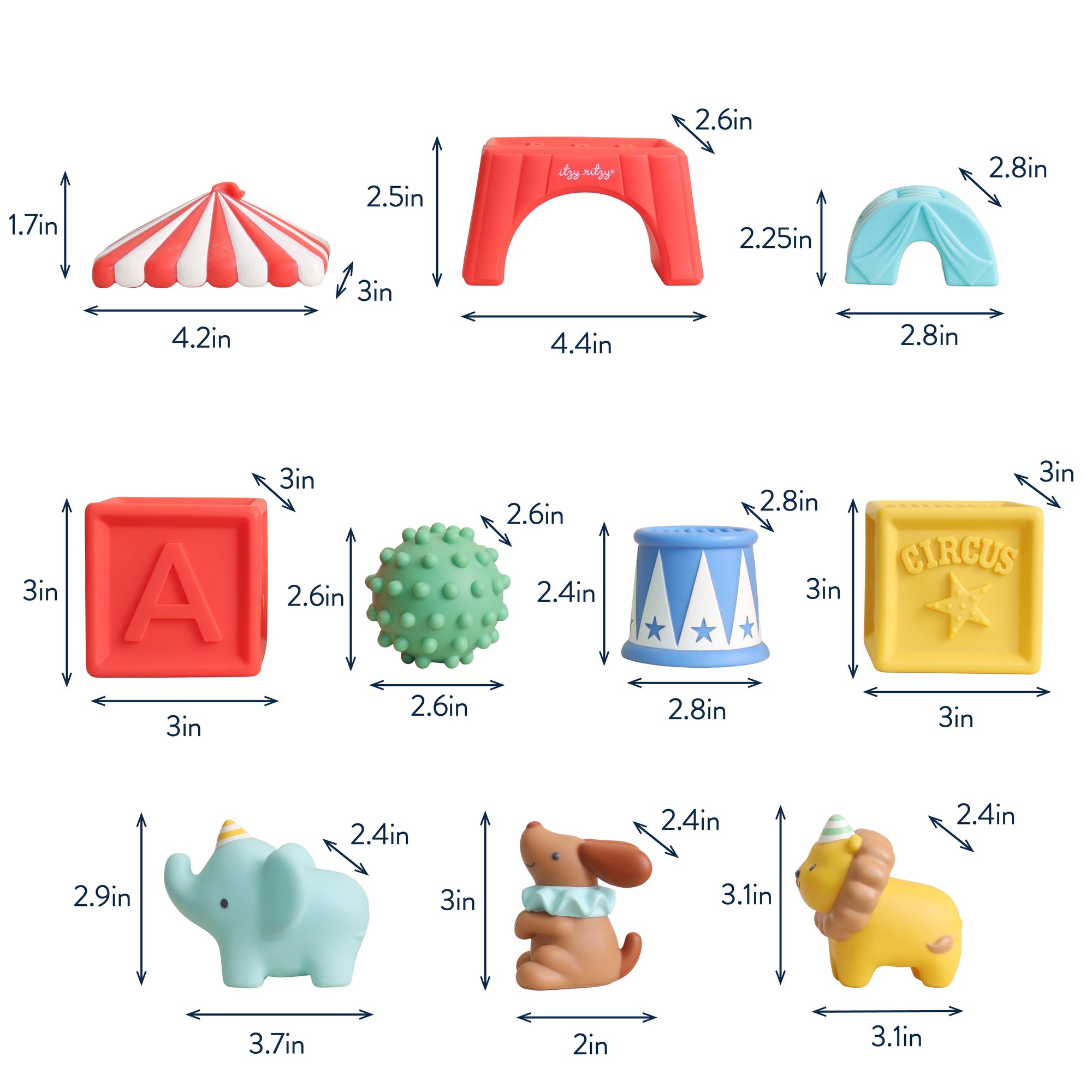 A set of colorful children's bath toys with dimension arrows and measurements printed on a white background. The set includes a red and white striped circus tent, a red arch, a light blue arch, a light blue and white striped bucket, a red block letter A, a green spiky ball, a yellow block letter C, a light blue elephant, a brown dog, and a yellow lion.