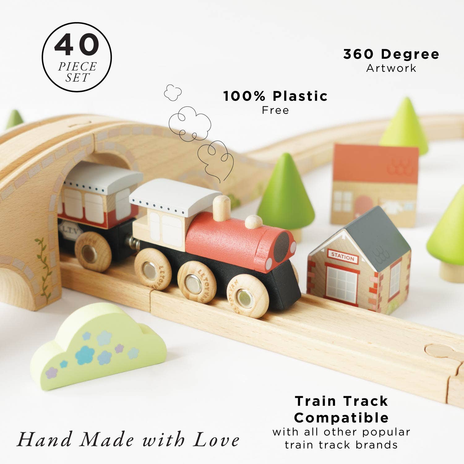 Wooden toy train set with tracks, cars, and buildings on a white background.