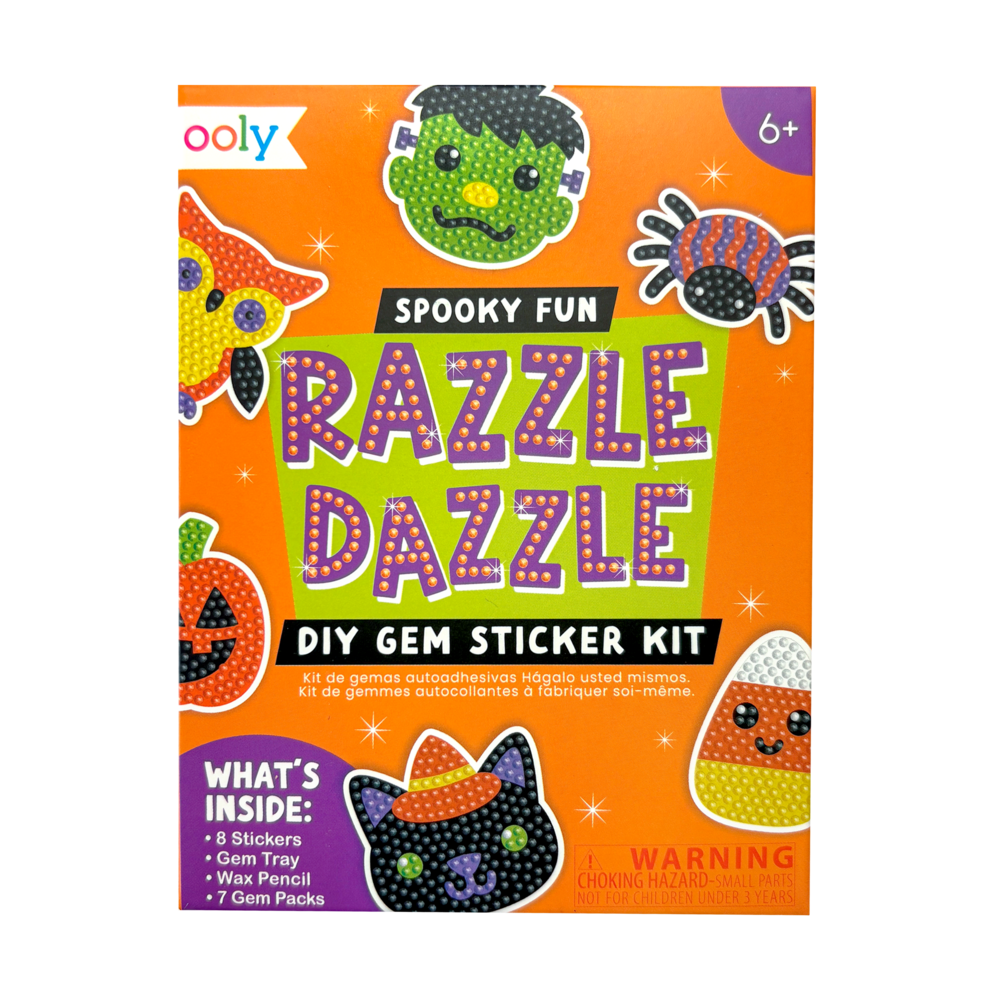 Ooly Razzle Dazzle DIY gem sticker kit packaging with Halloween-themed graphics on an orange background.