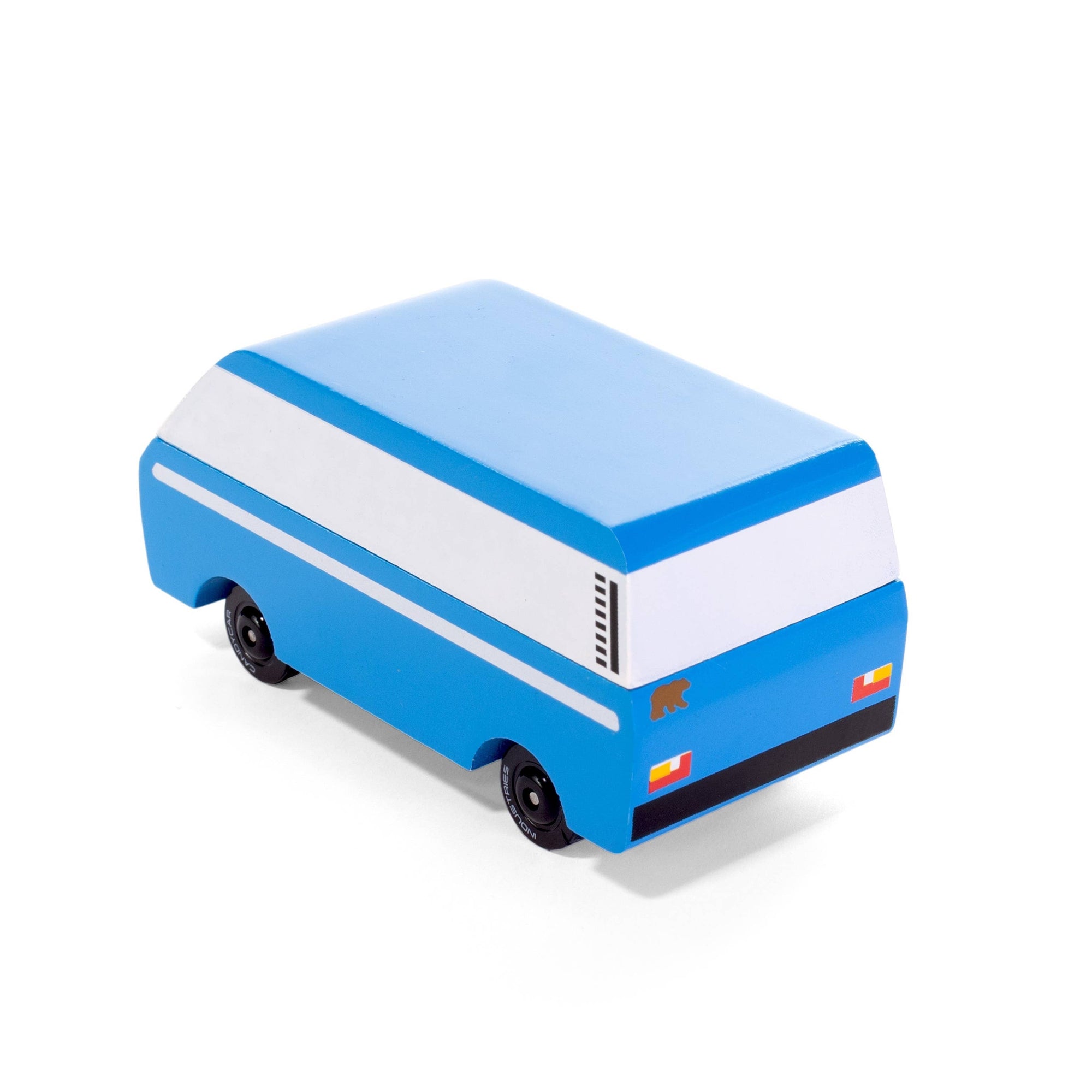 Blue and white toy bus on a white background