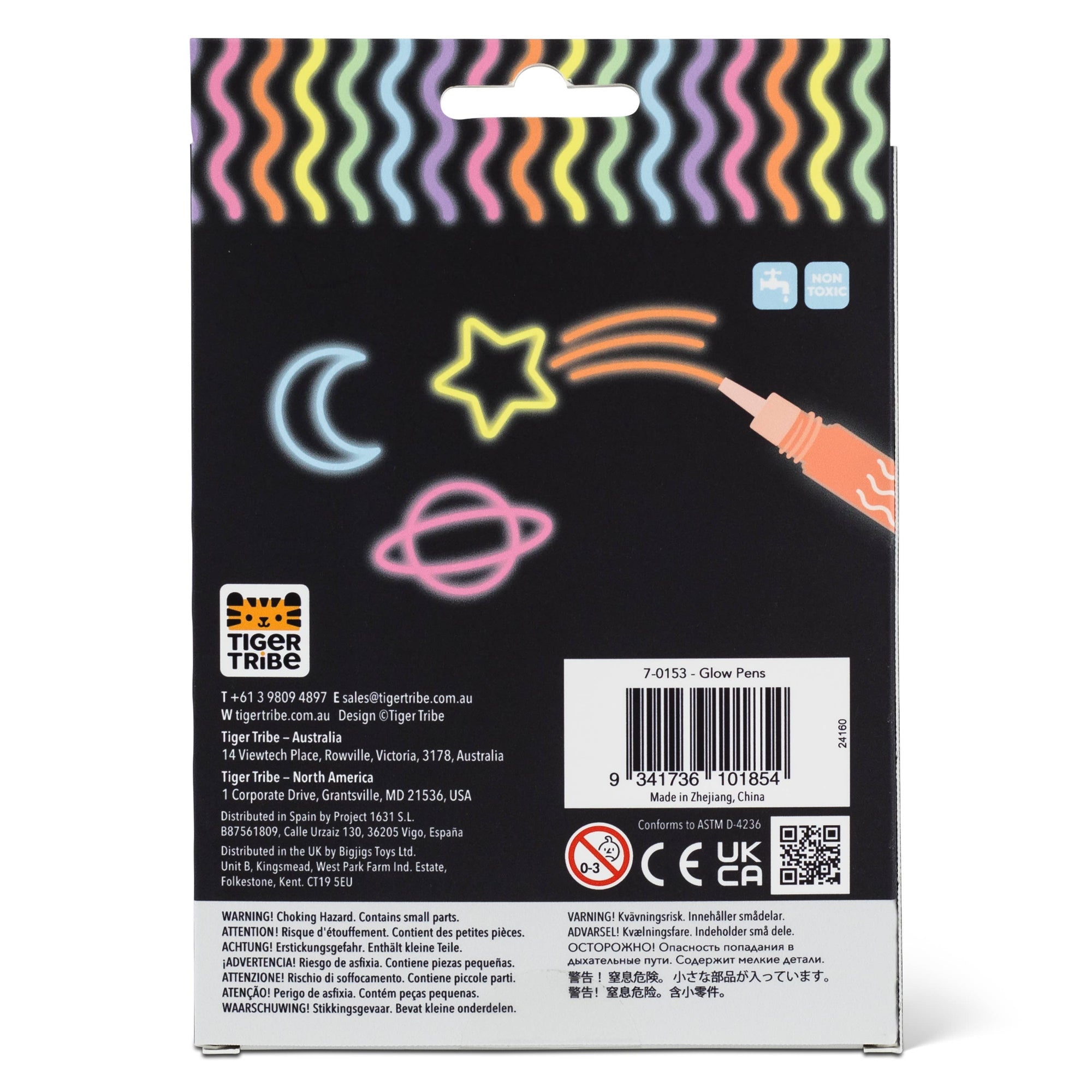 Glow pen packaging with colorful designs on a black background