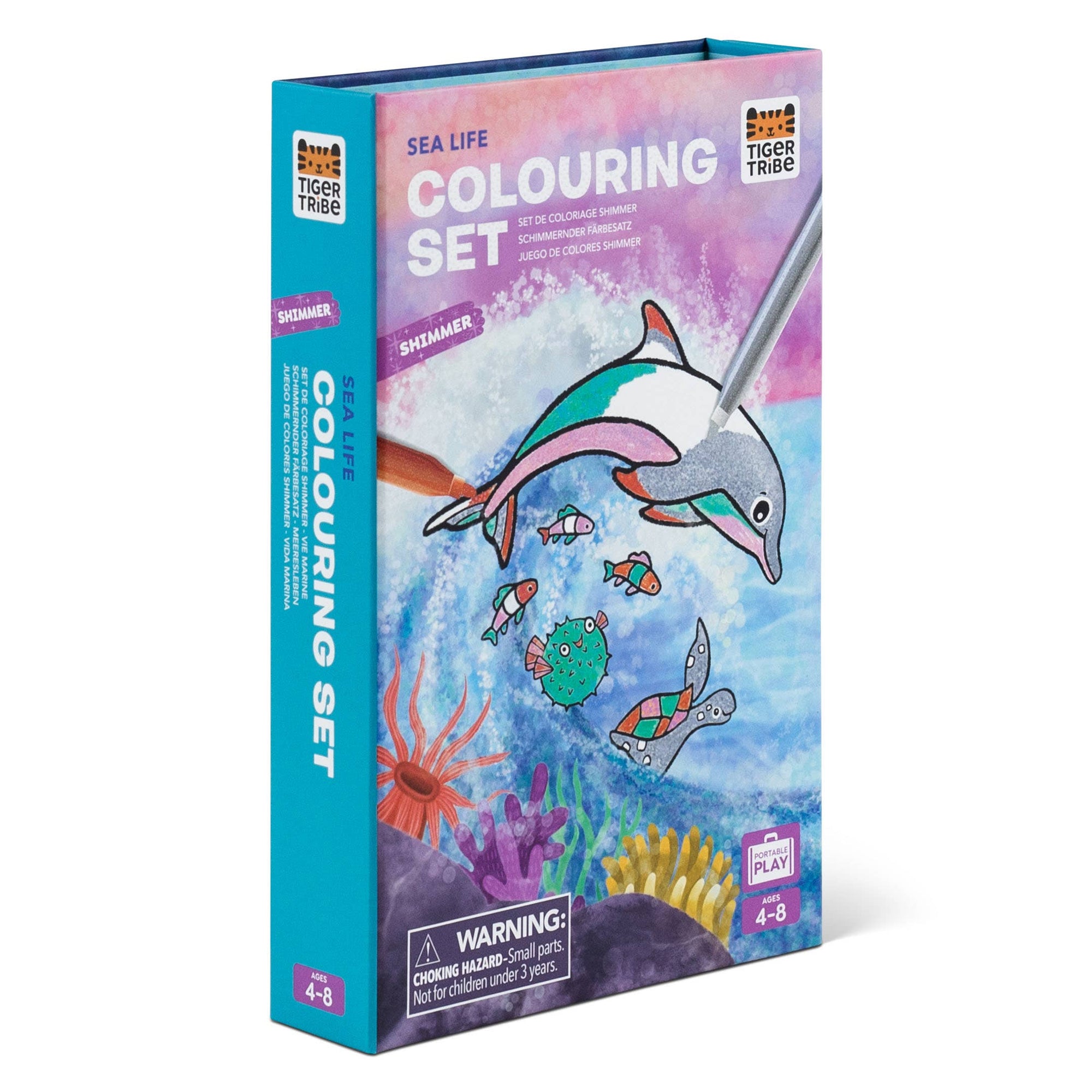 Tiger Tribe sea life colouring set packaging with dolphin illustration on a white background