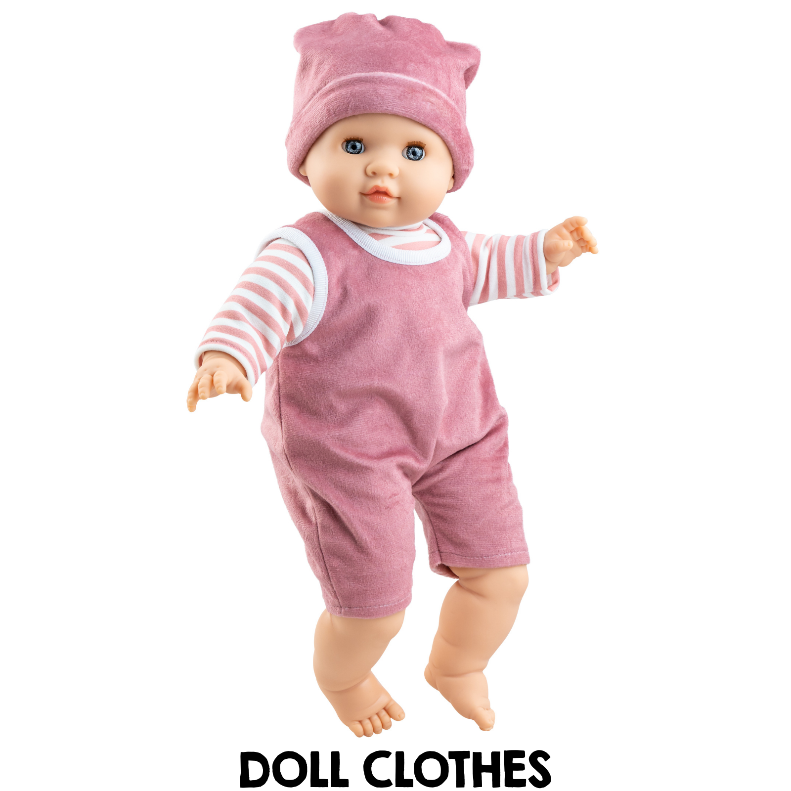 Doll wearing a pink outfit with matching hat on a white background