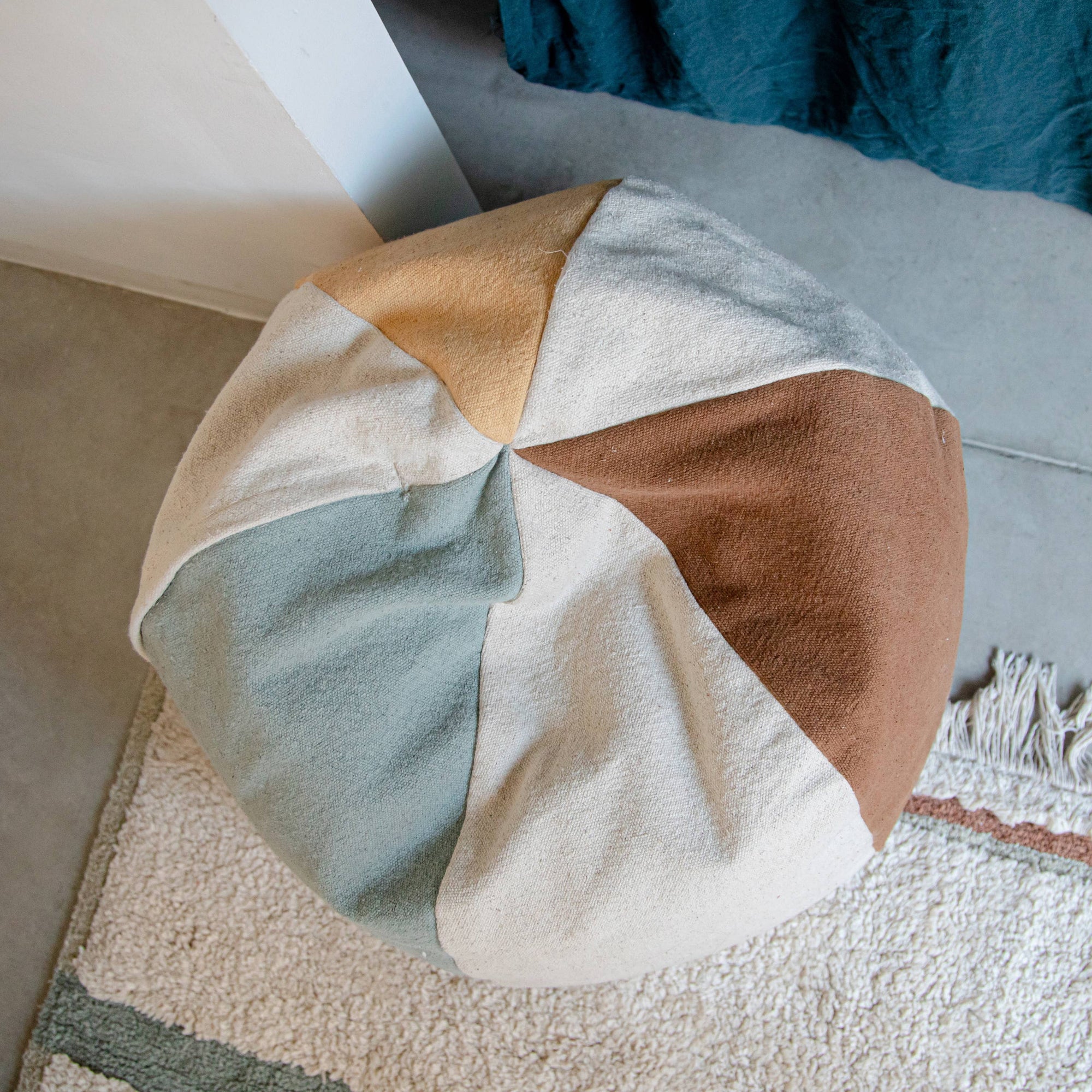 Pouffe Natural & Vintage Blue Beach Ball Shaped