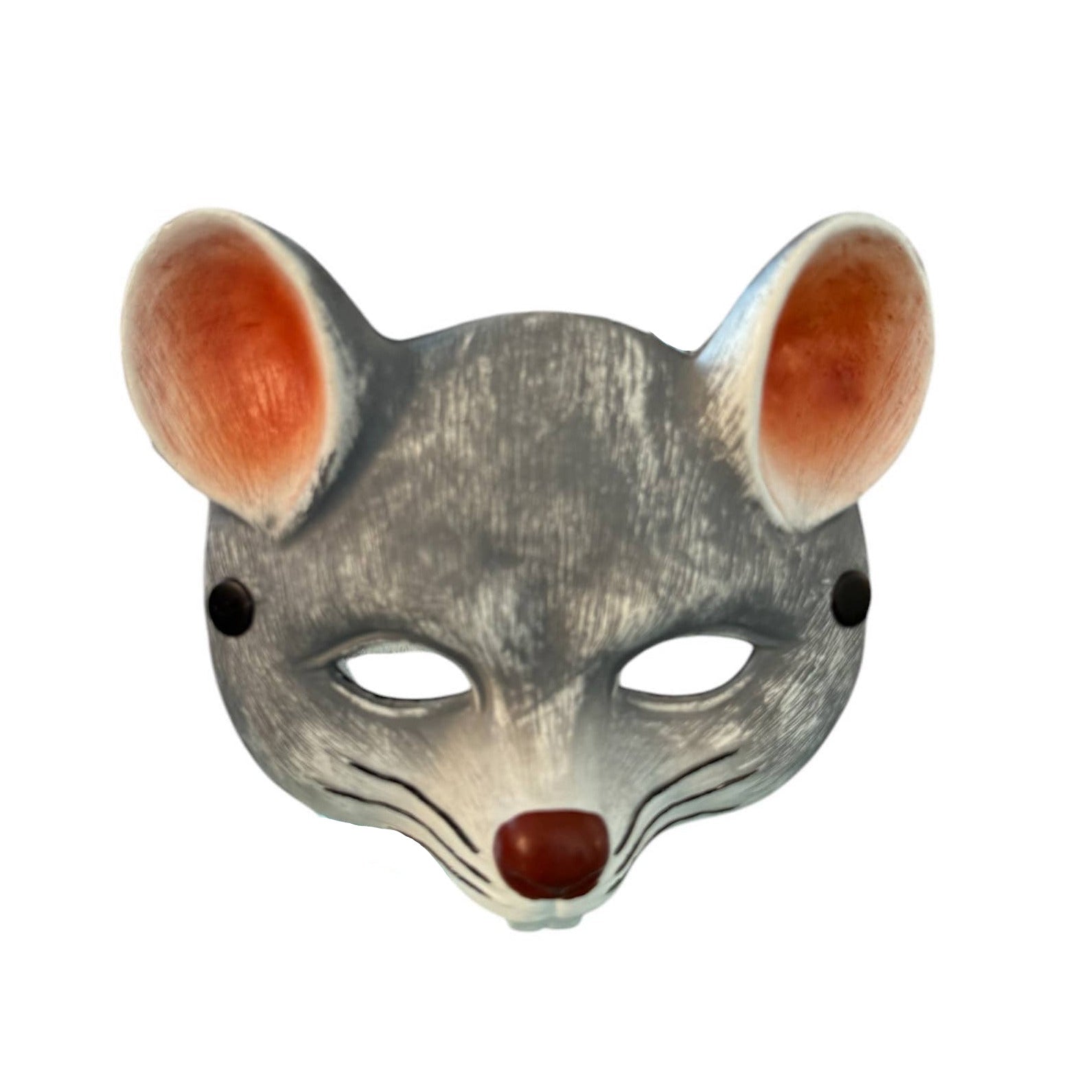 Mouse mask with gray face, red ears, and black eyes on a white background