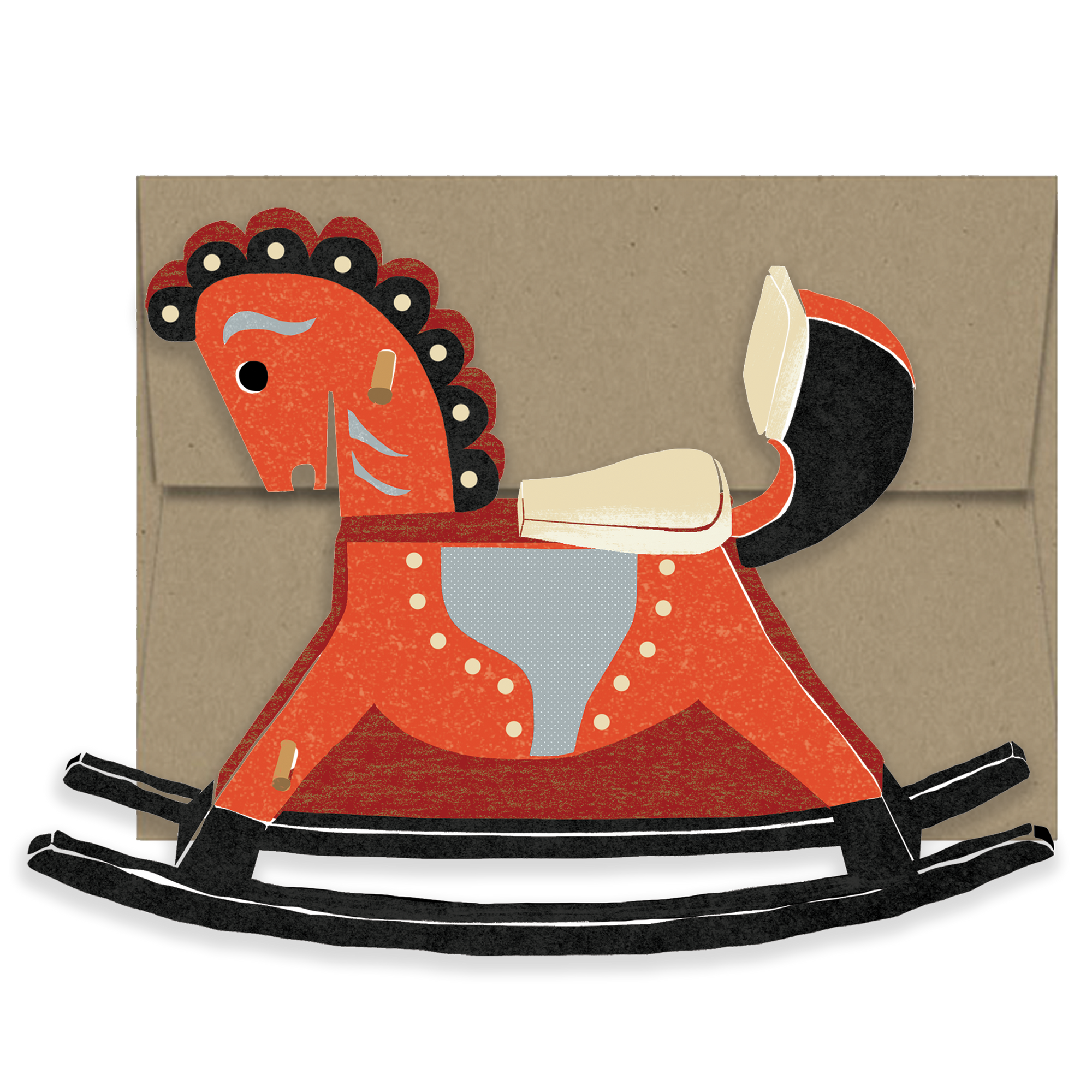 Card with a red rocking horse design on a beige background
