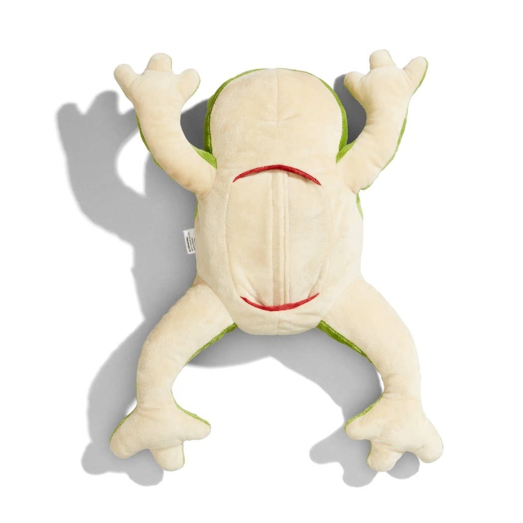 Plush frog toy with green accents on a white background