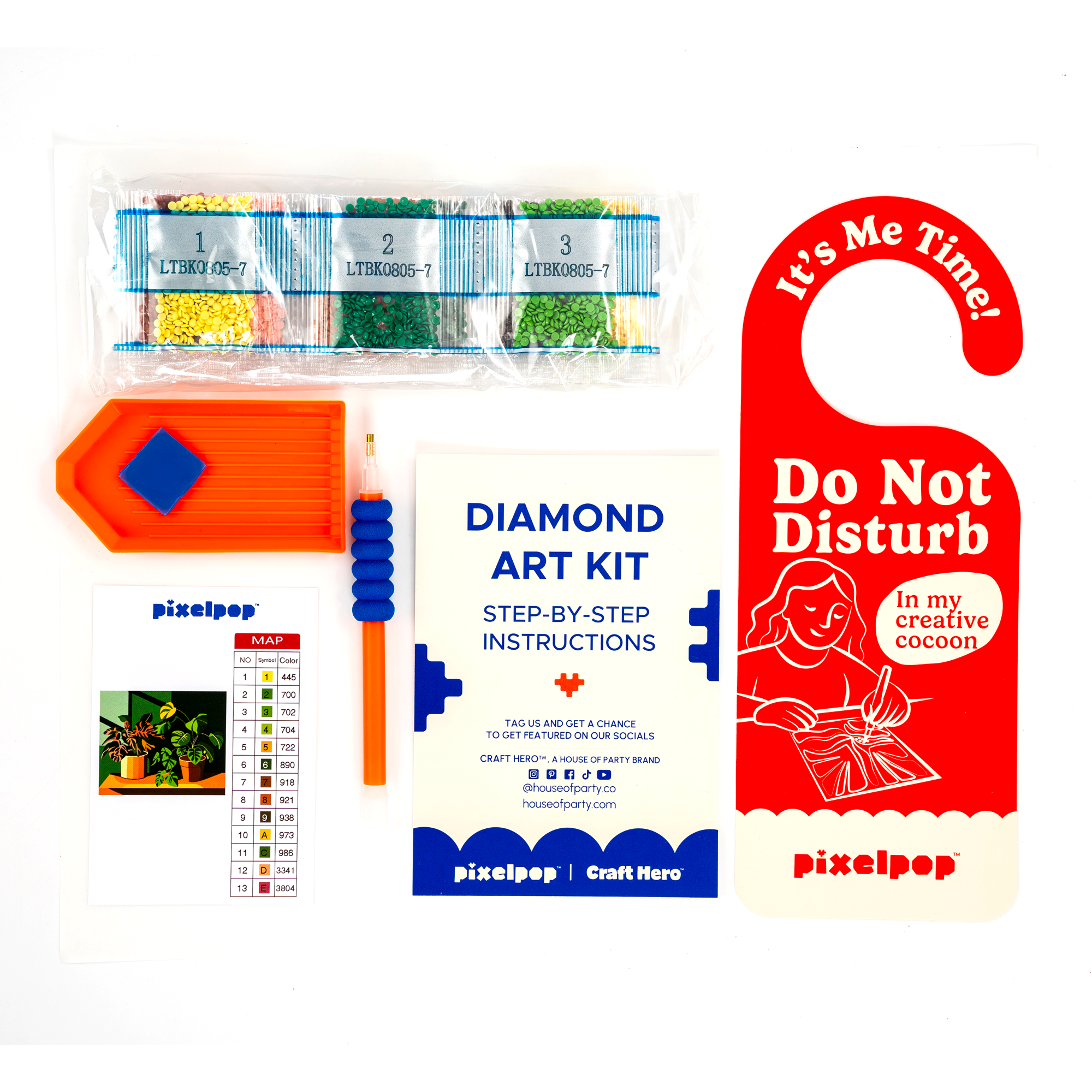 Diamond art kit with step-by-step instructions and a 'Do Not Disturb' sign on a white background
