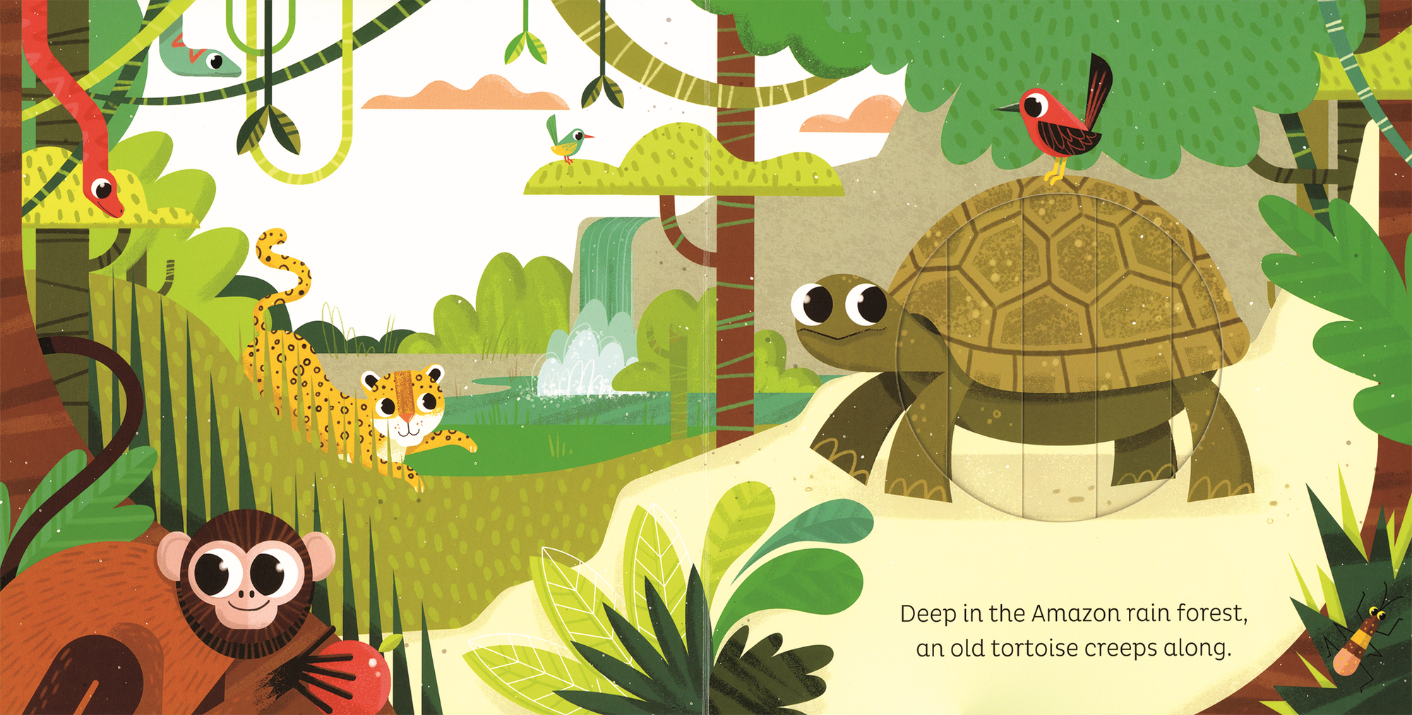 Illustration of a tortoise in a jungle with animals and foliage