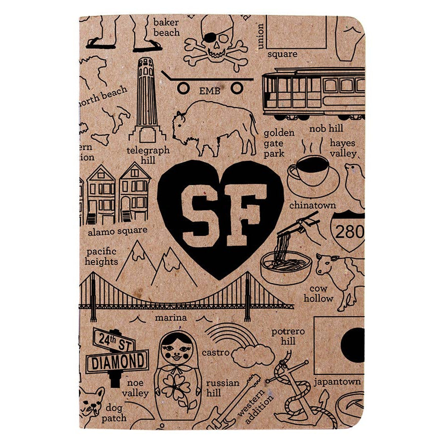 Notebook cover with San Francisco-themed illustrations and 'SF' heart design on brown paper background