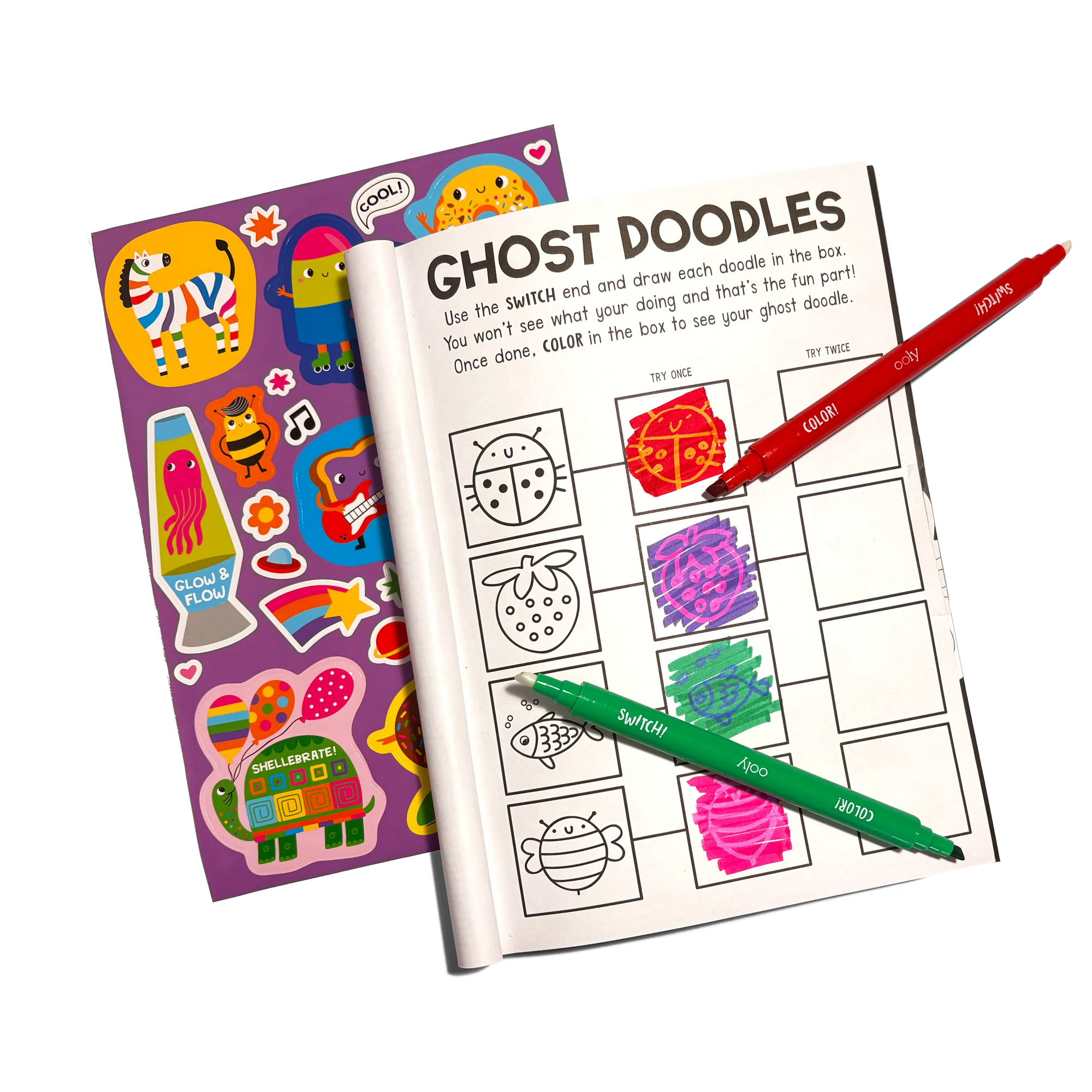Coloring book with ghost doodles, stickers, and two markers on a white background