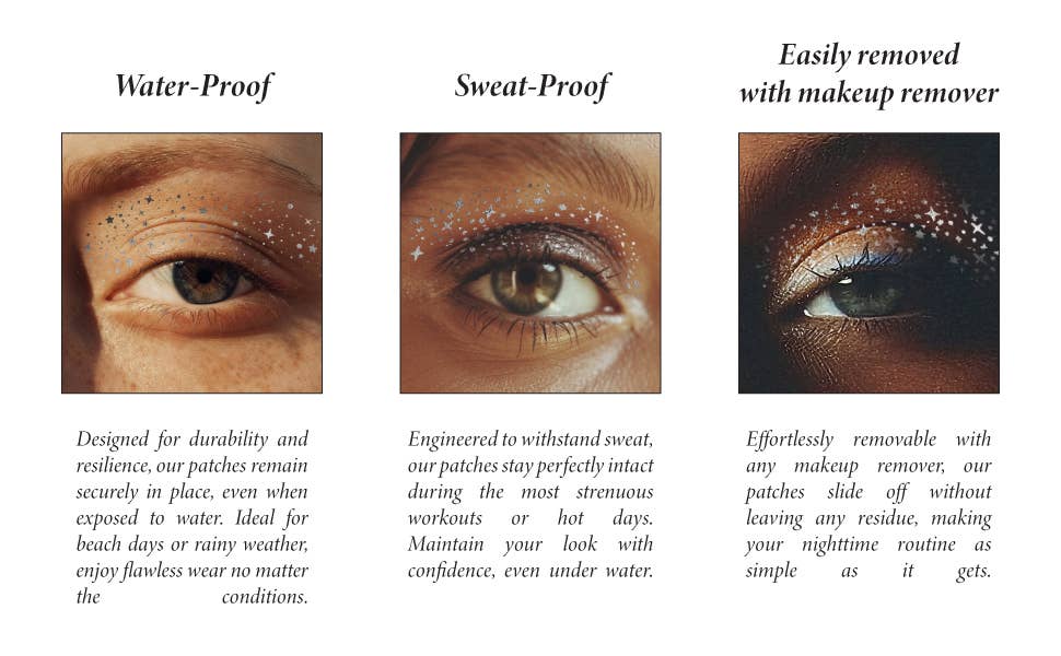 Eye patches with text describing water-proof, sweat-proof, and makeup remover removal properties.