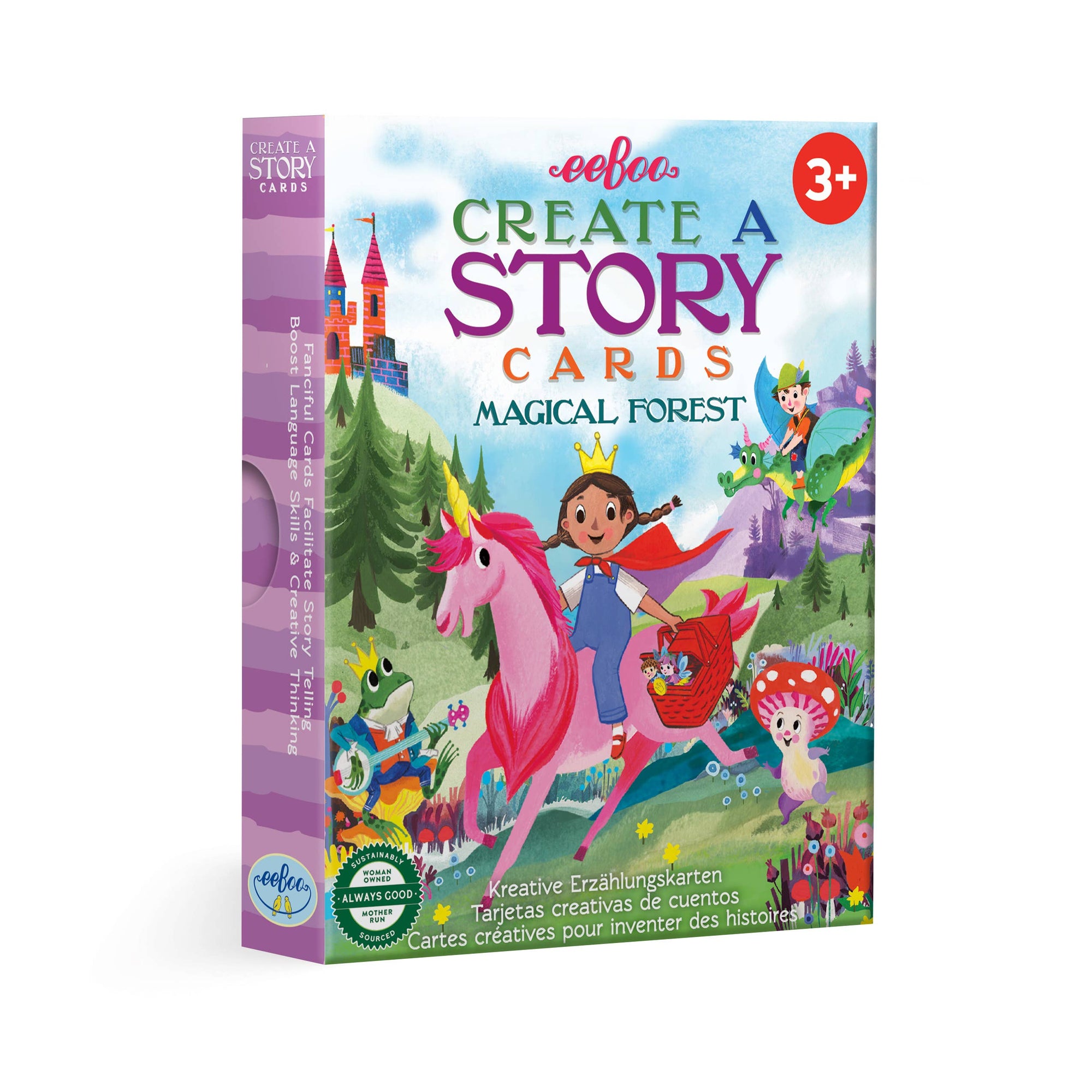 Children's book titled 'Create a Story Cards Magical Forest' with colorful design on a white background