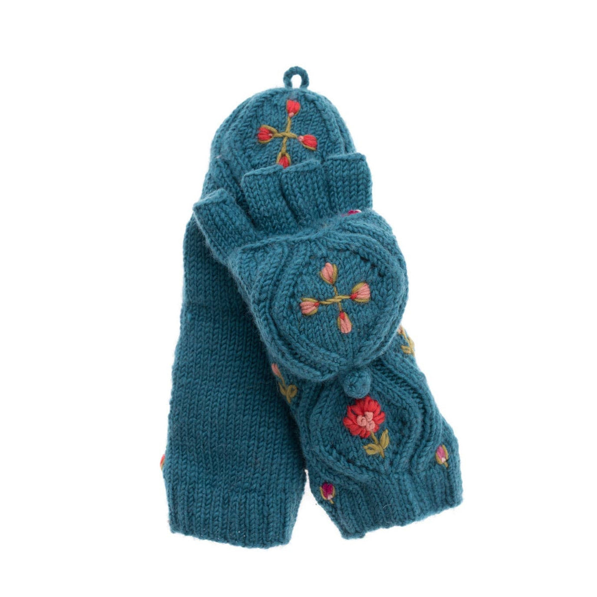 A pair of teal blue knit mittens with colorful floral embroidery, displayed against a solid white background.