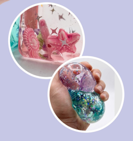 Two circular inset photos showing a translucent pink mermaid-themed sensory box and a hand squeezing a dual-colored glittery squishy ball, set against a light lavender background.