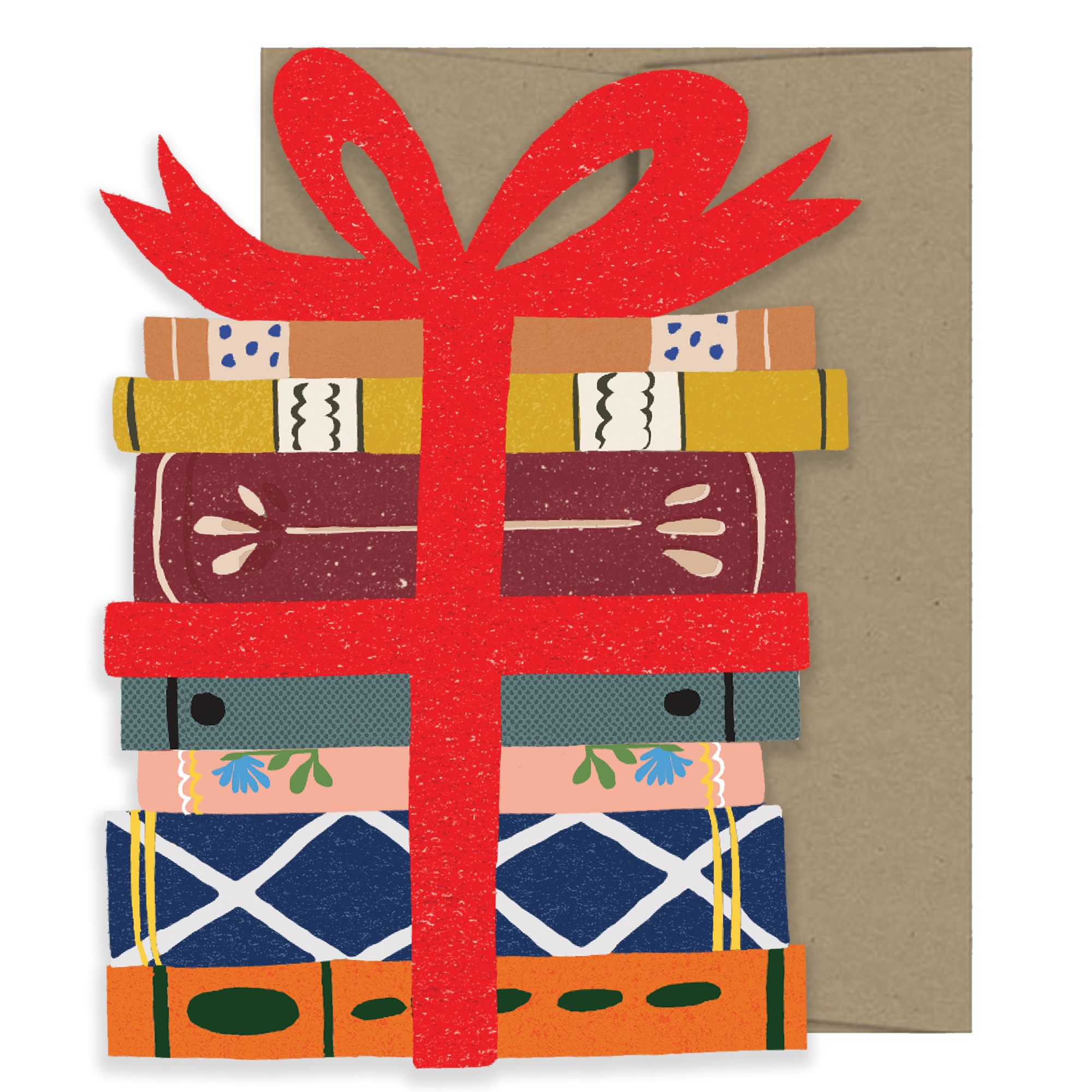 Card with a stack of books wrapped in colorful paper and tied with a red ribbon on a beige background.