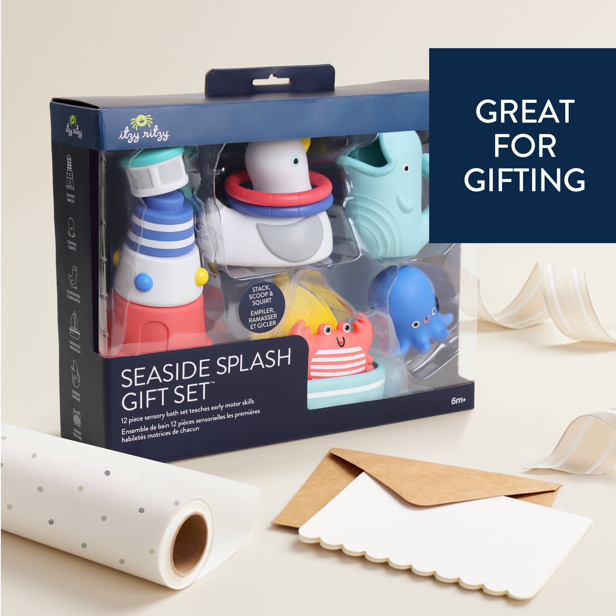 Seaside Splash gift set packaging with bath toys on a neutral background