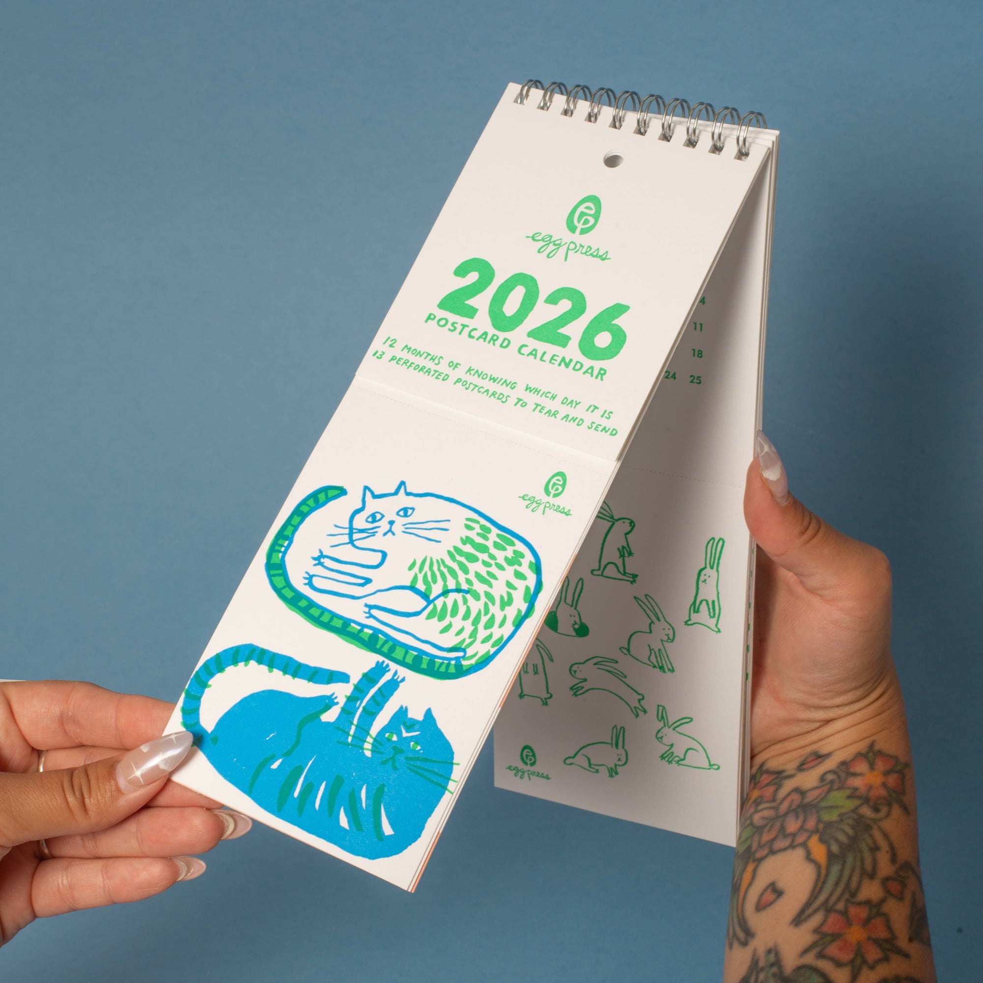 2026 postcard calendar held by a person with a blue background