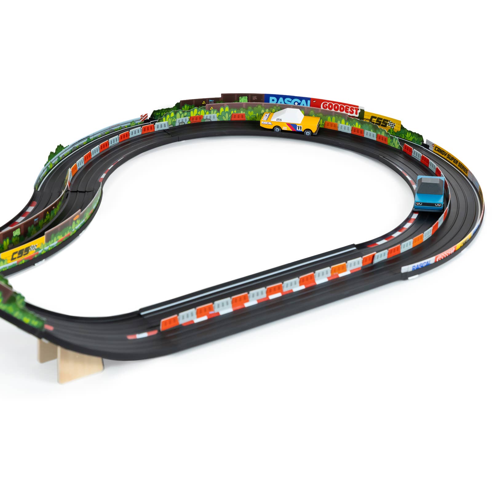 Toy race track set with cars on a white background
