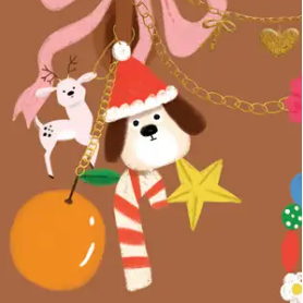 Illustration of a dog in a Santa hat with Christmas decorations on a brown background