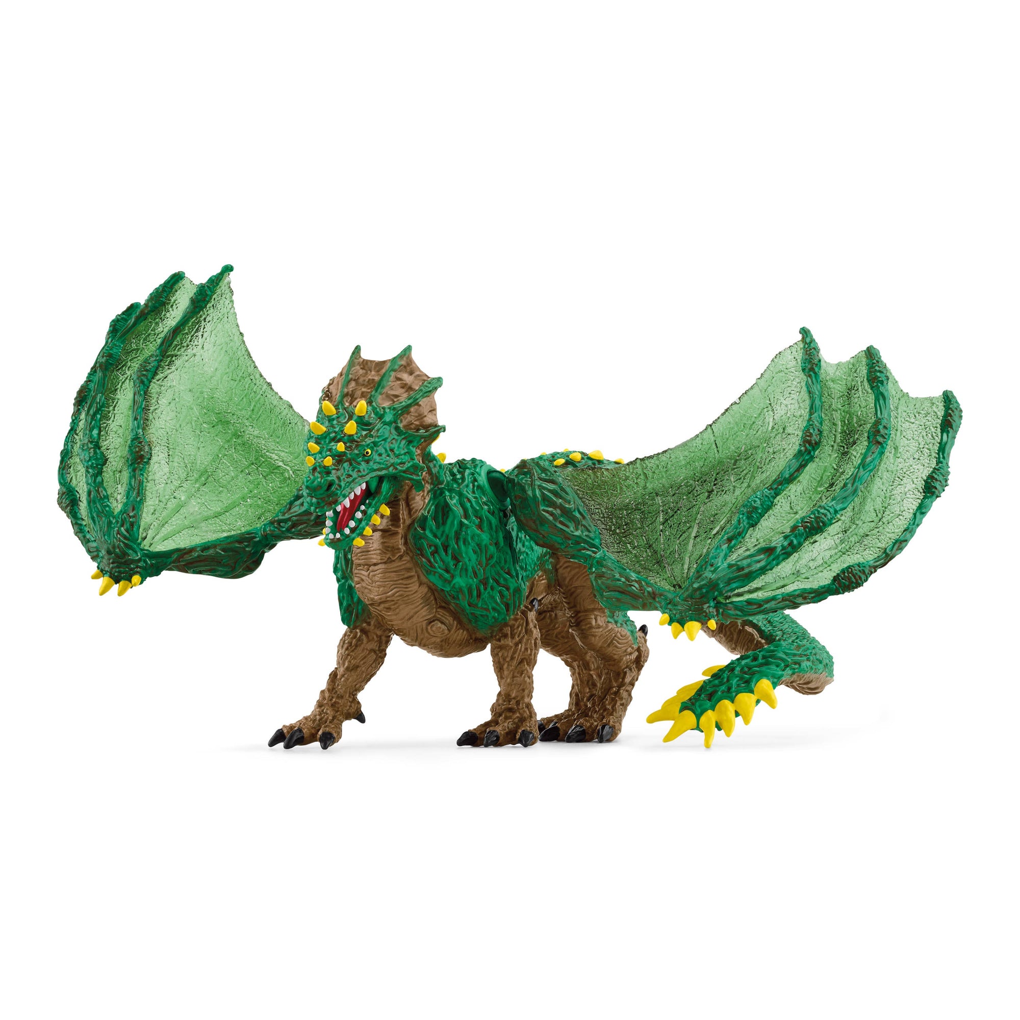 Toy dragon figure with green wings and brown body on a white background