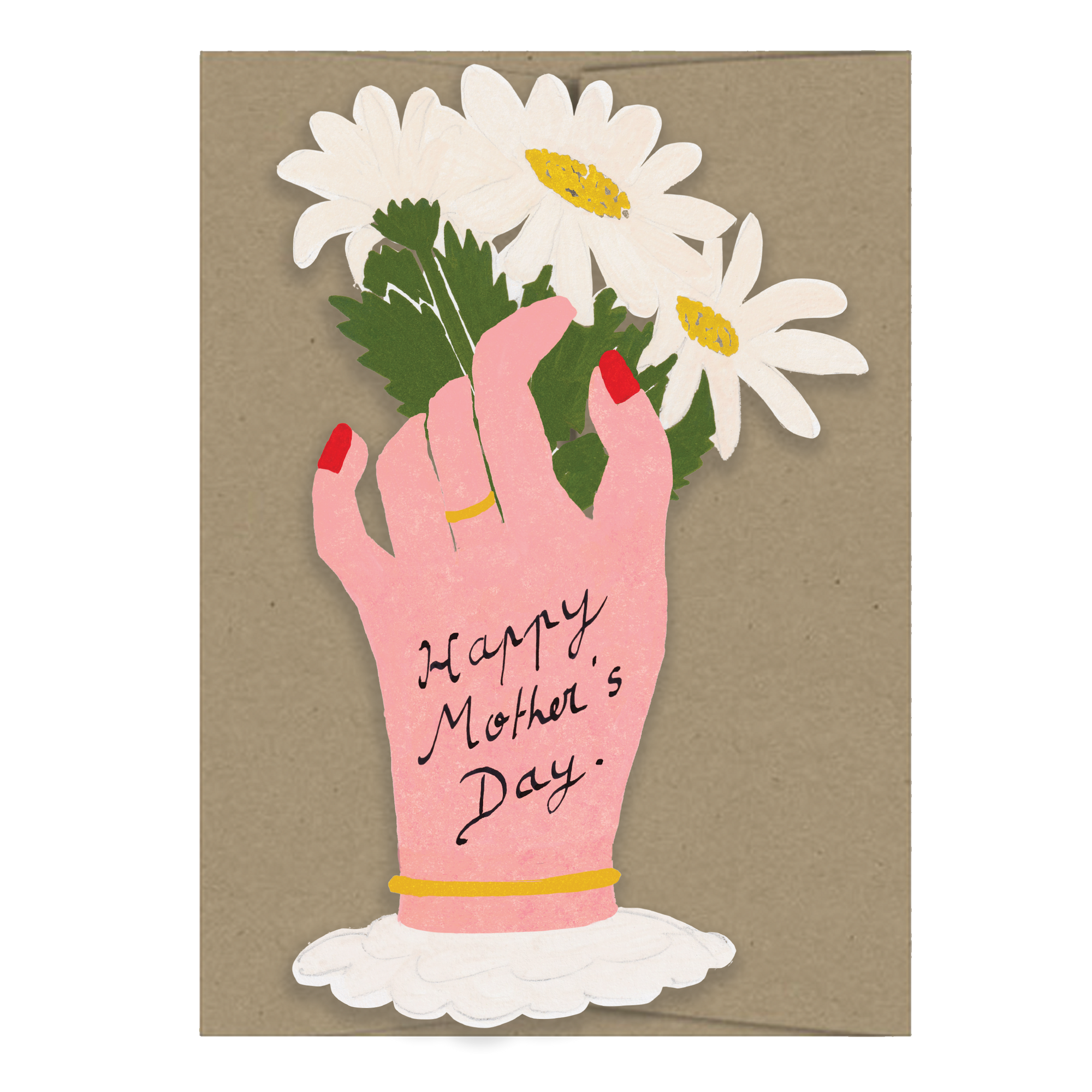 Greeting card with a hand holding flowers and 'Happy Mother's Day' text on a brown background