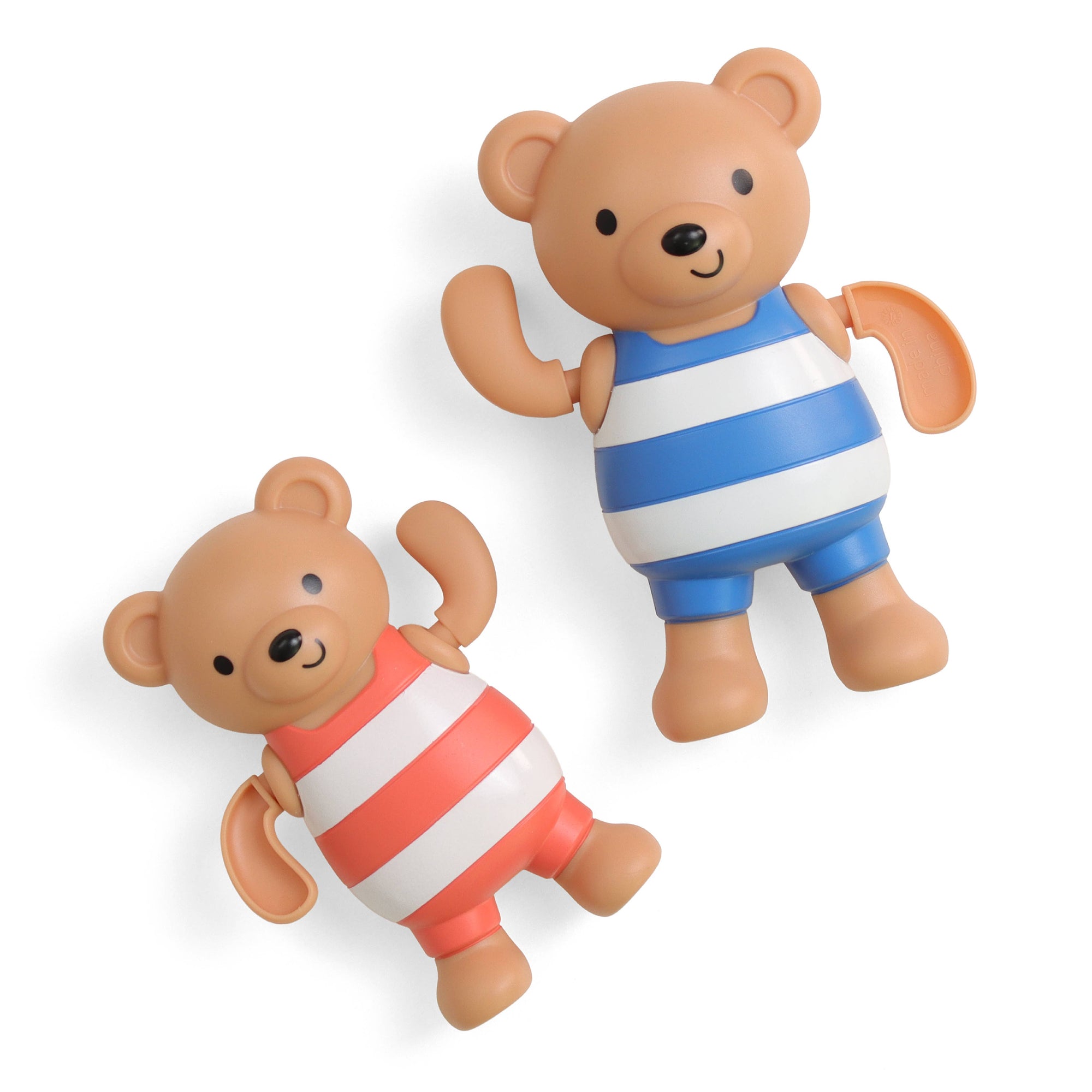 Two teddy bears wearing striped shirts on a white background