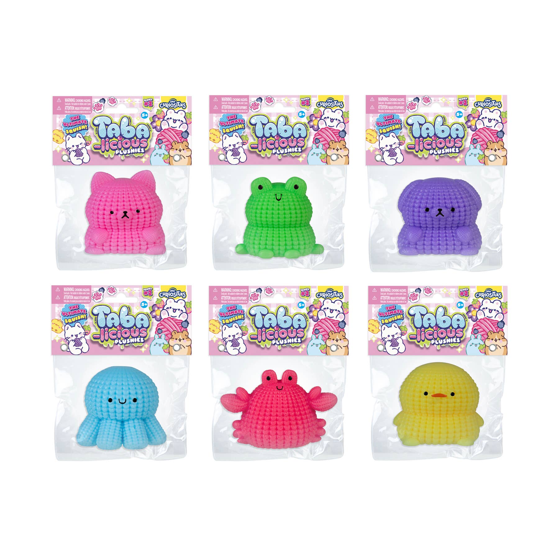 Six packages of colorful animal-shaped toys with 'Taba' branding on a white background.