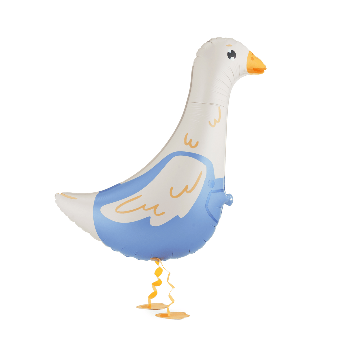 Inflatable goose-shaped balloon with a white body, blue wings, and orange beak on a white background.