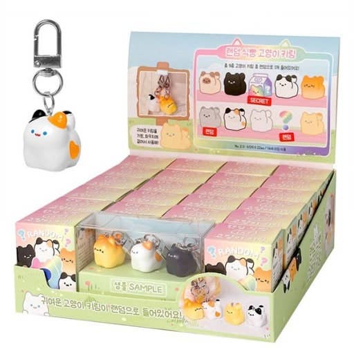 Display box of Squishy toys with a keychain featuring a cat design.