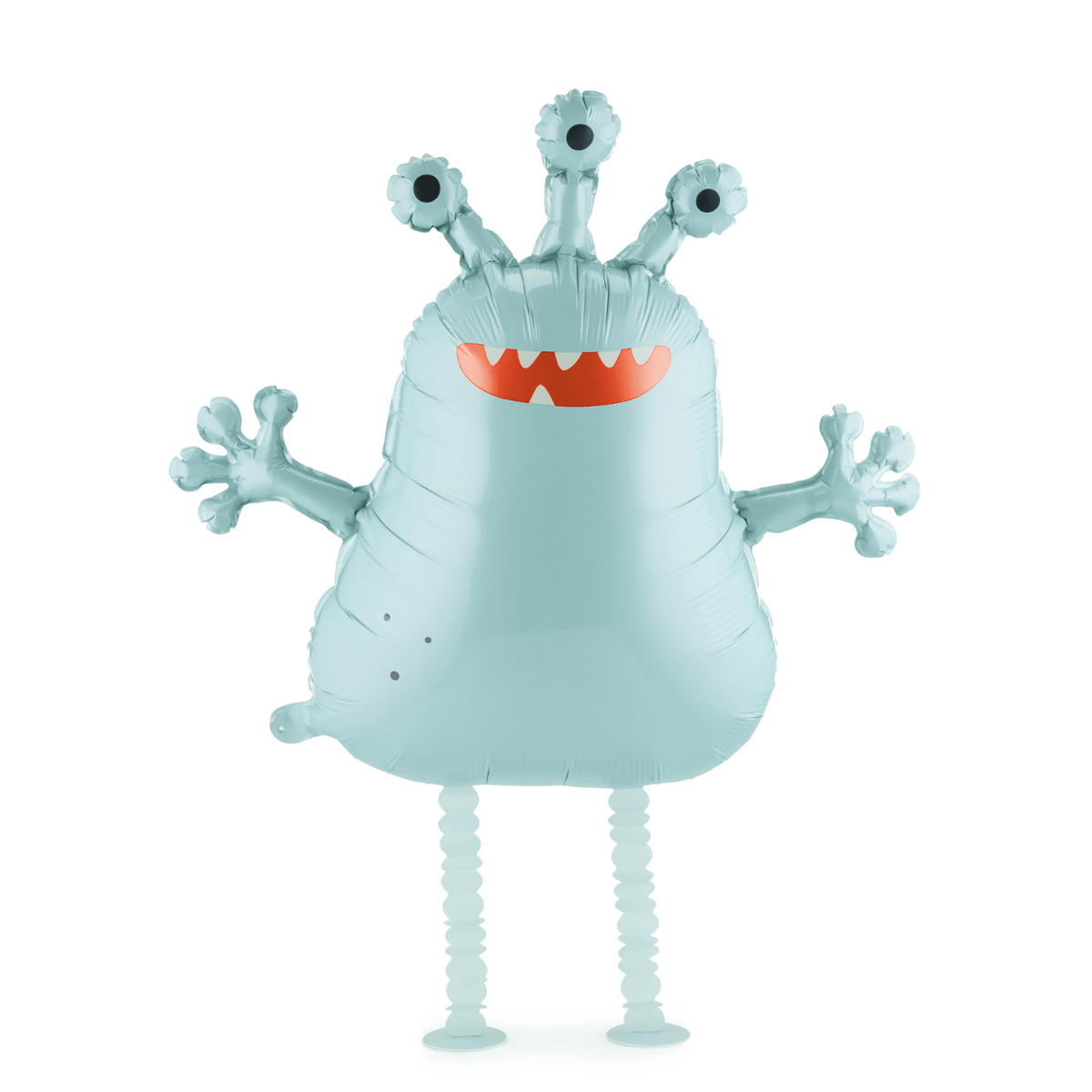 Light blue inflatable monster toy with orange mouth on a white background