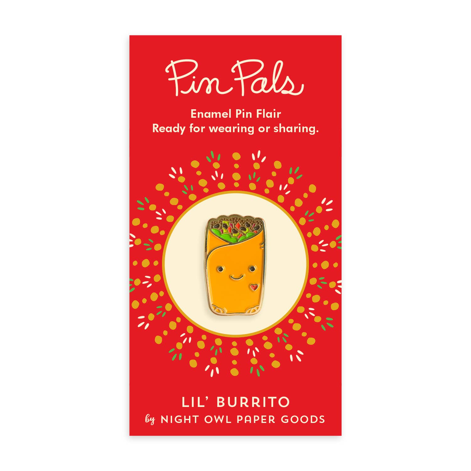 Red packaging for 'Lil' Burrito' enamel pin by Night Owl Paper Goods with a cartoon burrito design.
