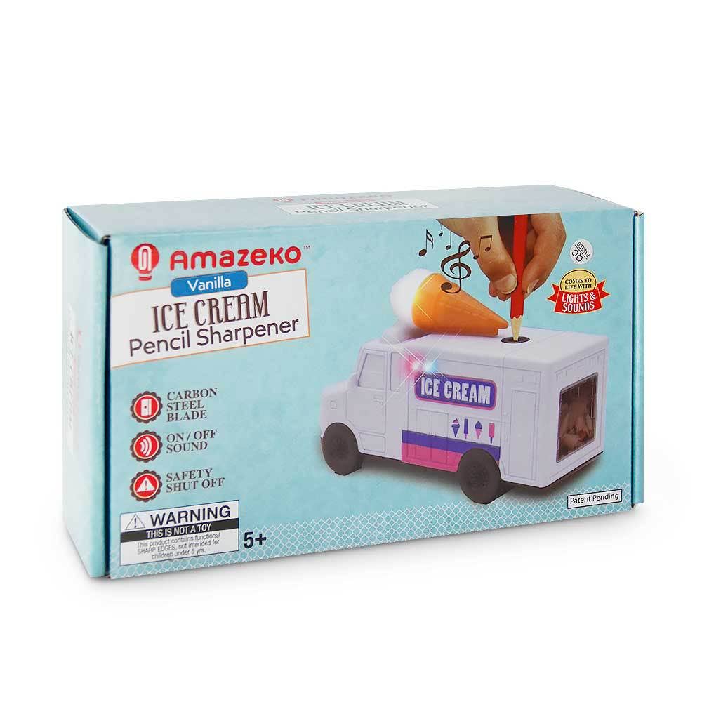 Amazeko ice cream truck-shaped pencil sharpener packaging on a white background