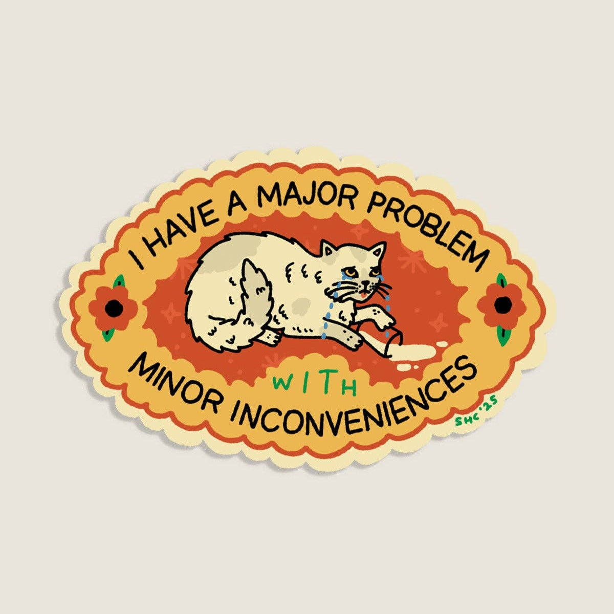 Sticker with a cat illustration and text on a beige background