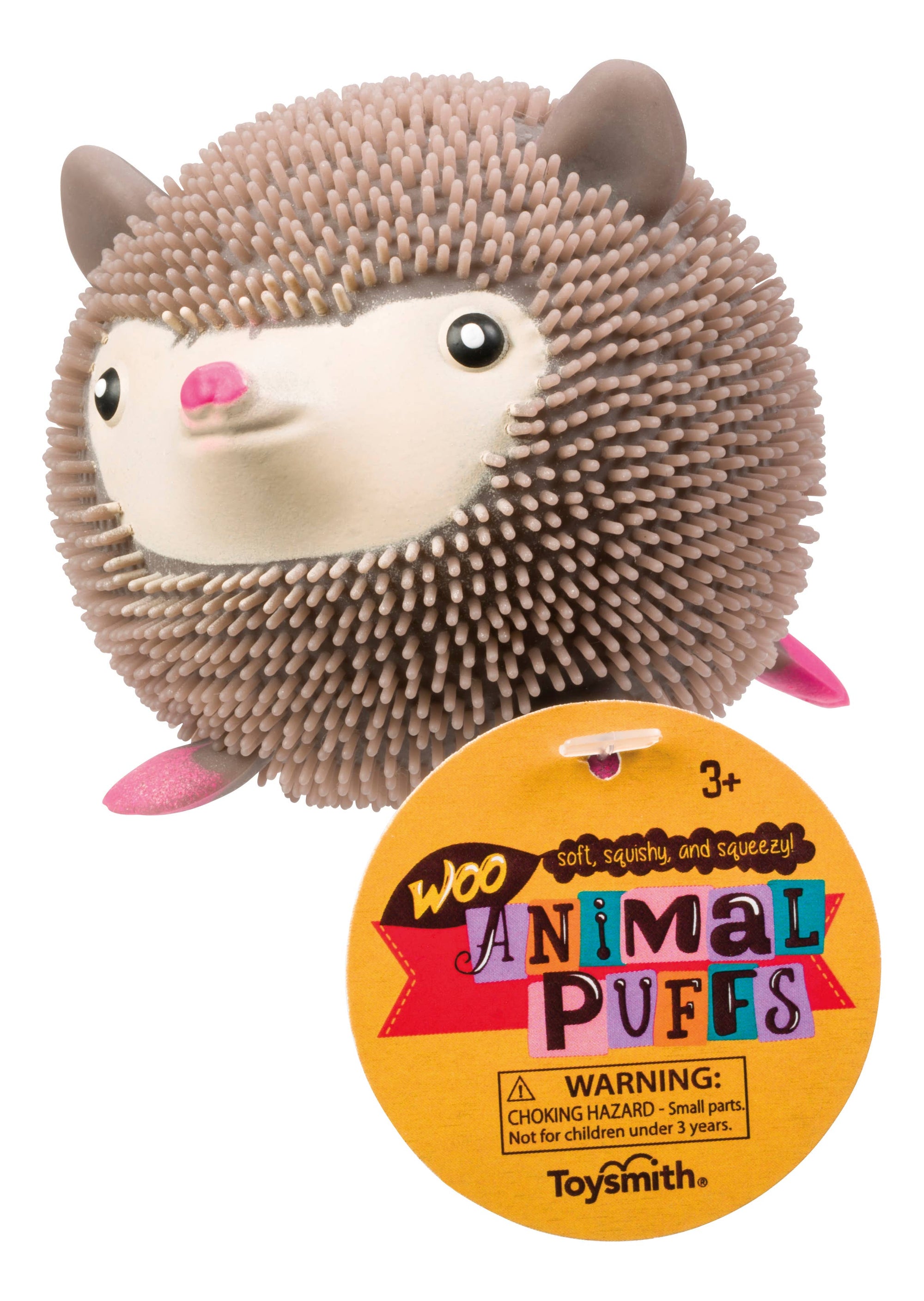 Hedgehog-shaped toy with a label indicating it is an 'Animal Puff' from Toysmith.
